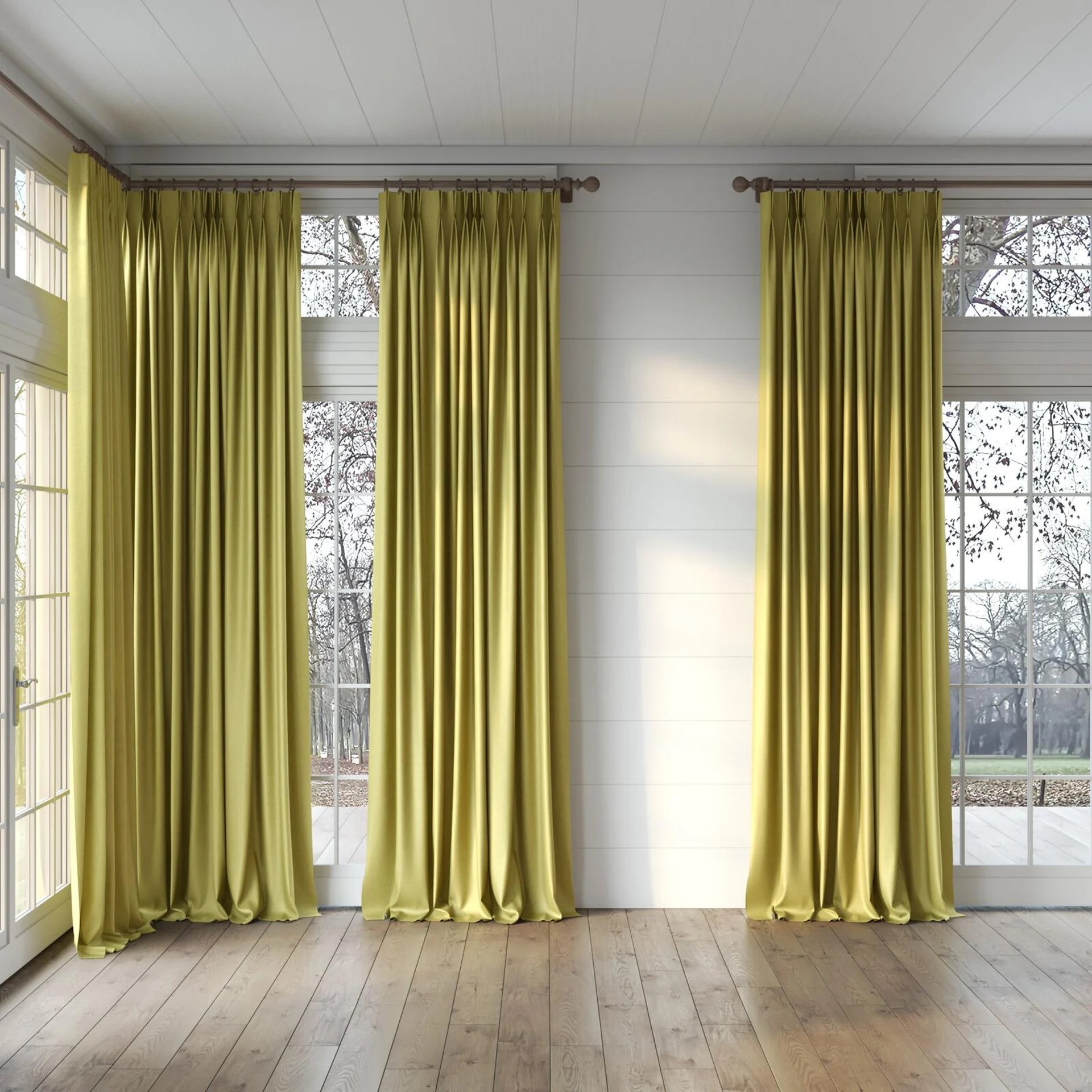 Full view of Fiji Linden, puddled, on curtain rod