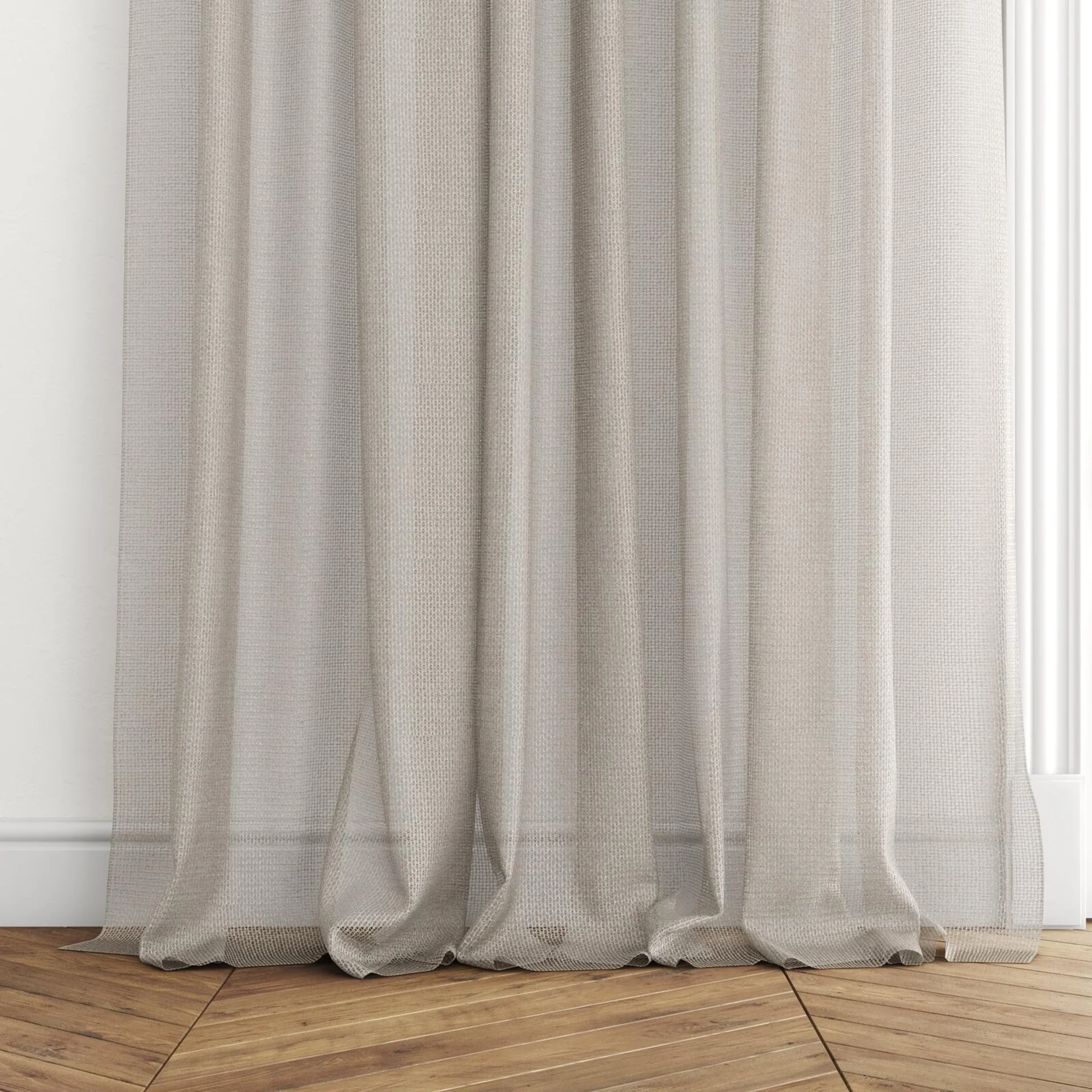 Bottom view of Cosmos Rabbit, puddled with pinch pleat, on curtain rod
