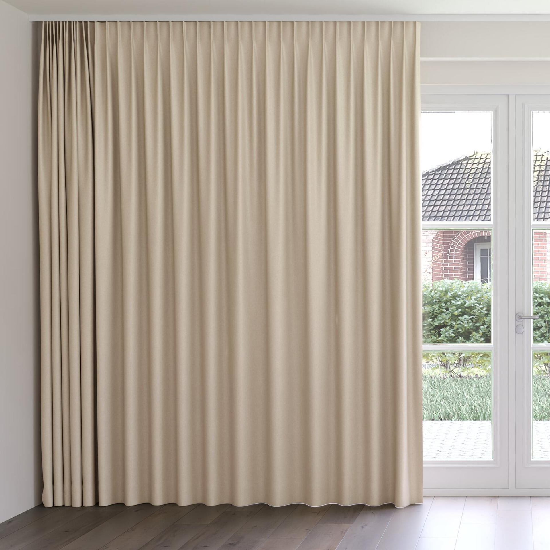 Front view of Woolly/Woolen Sesame, on curtain rail