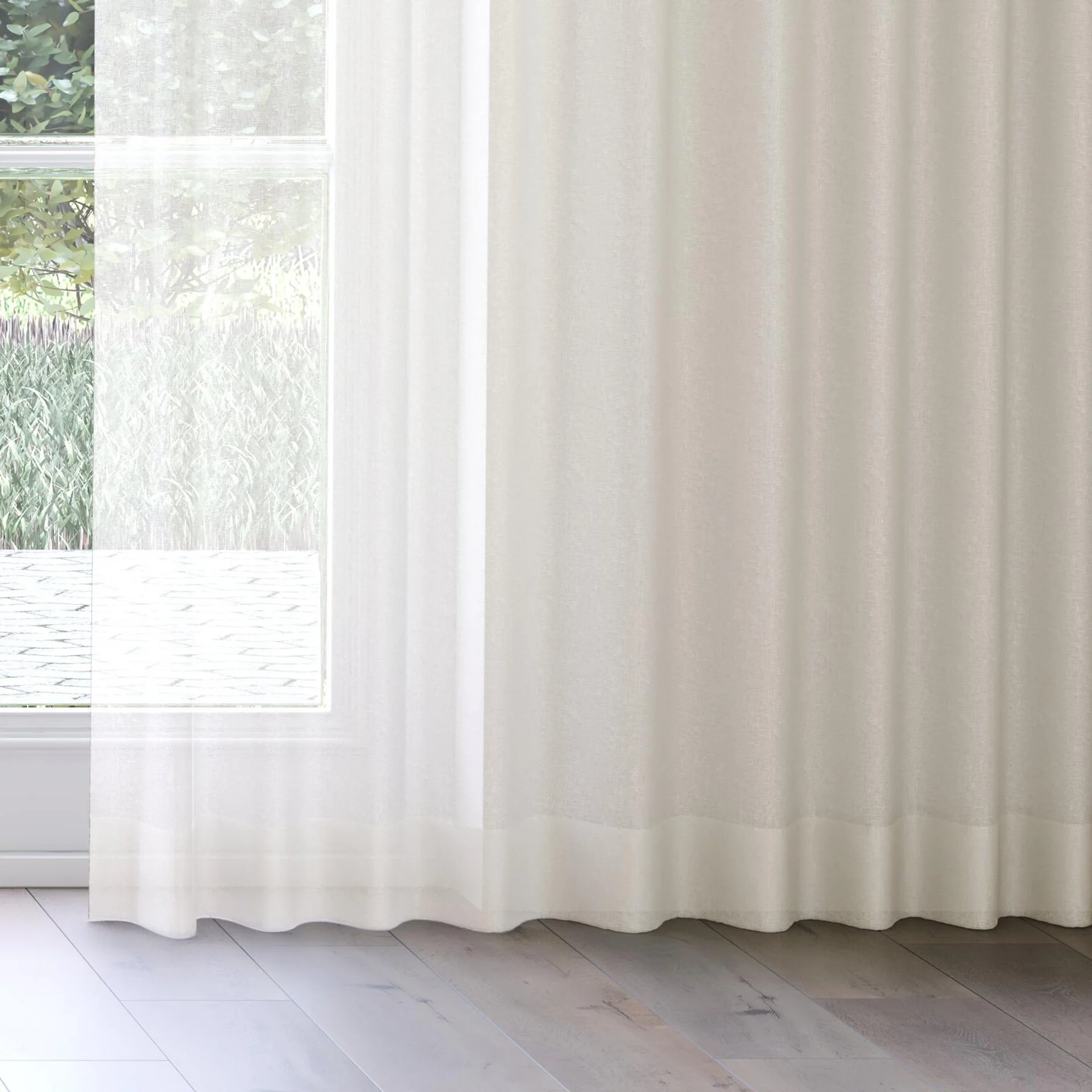 Bottom view of Reverie Parchment, on curtain rail
