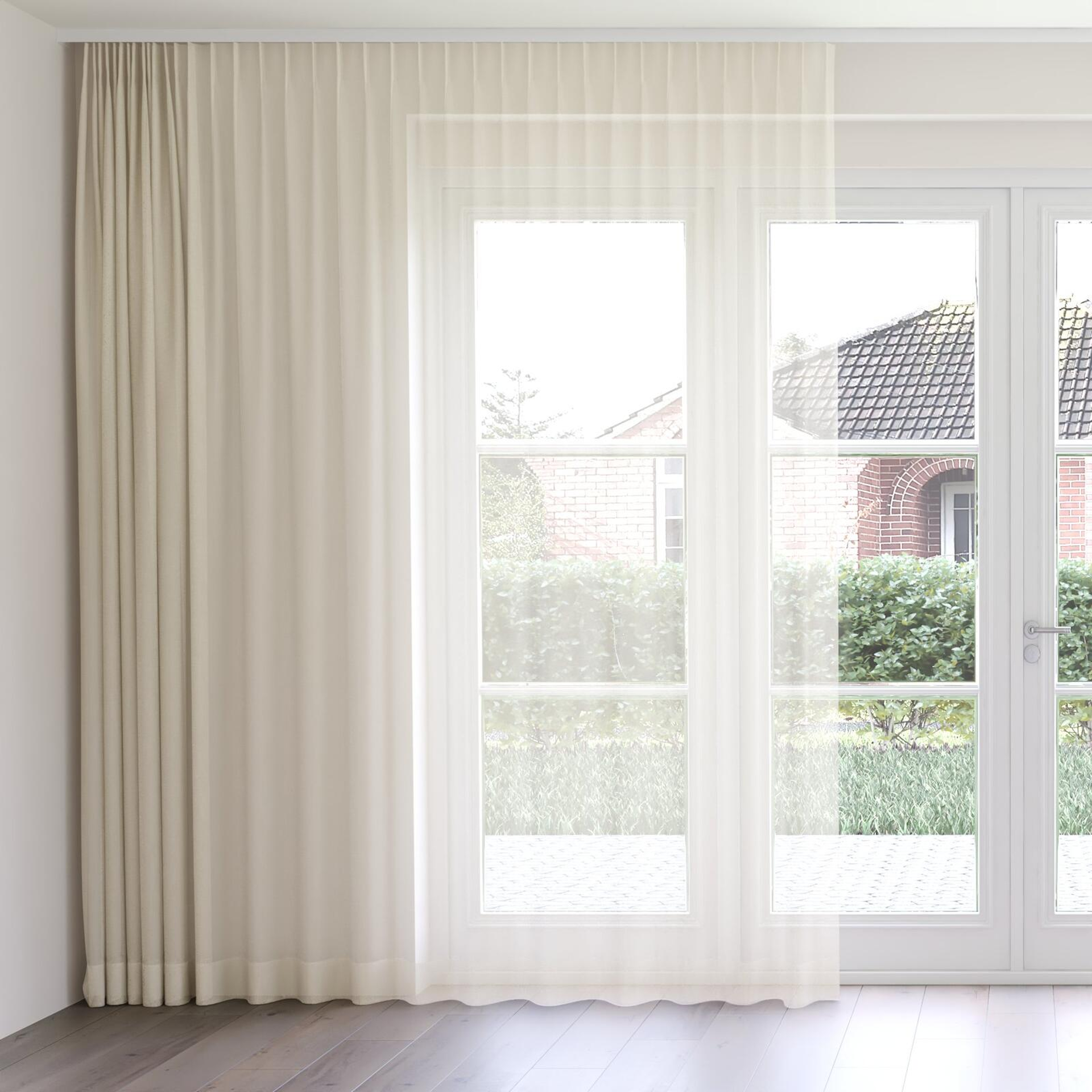 Front view of Sardinia Linen, on curtain rail