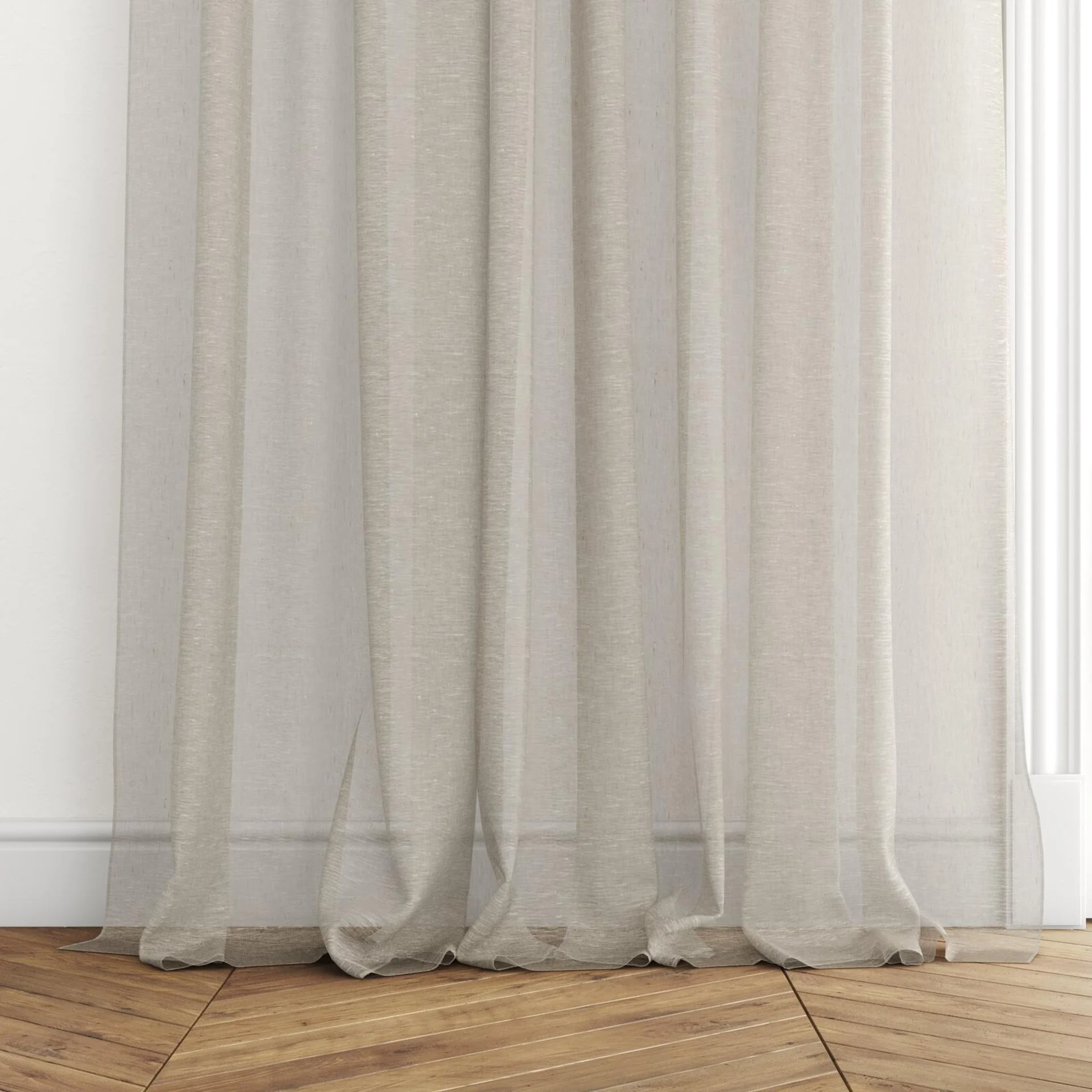Bottom view of Pure Linen Mushroom, puddled with pinch pleat, on curtain rod