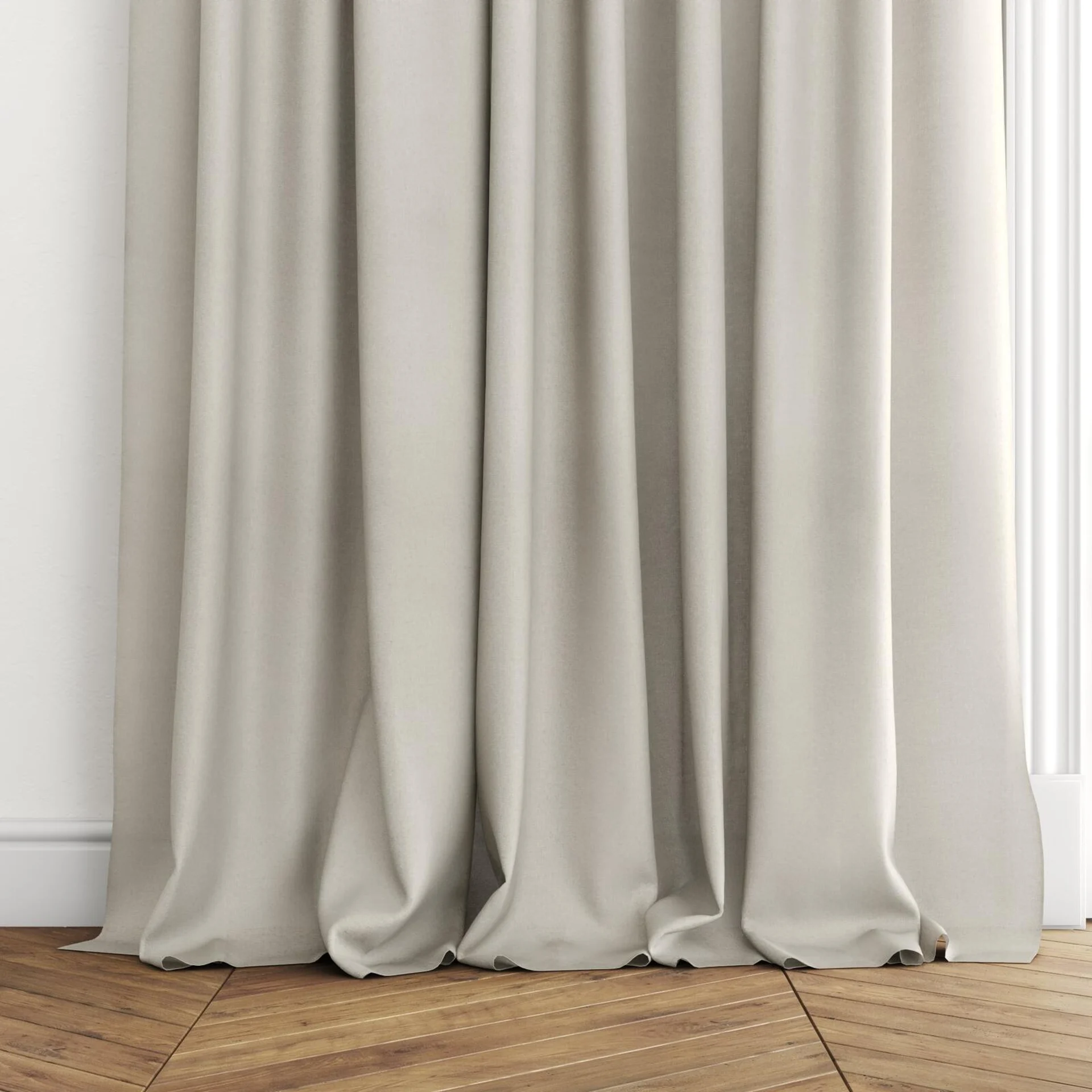 Bottom view of Open Plaza, puddled with pinch pleat, on curtain rod