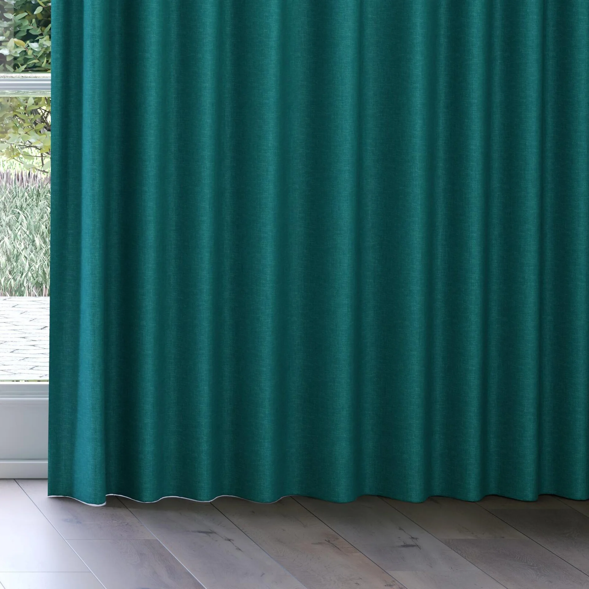 Bottom view of Rover Teal, on curtain rail