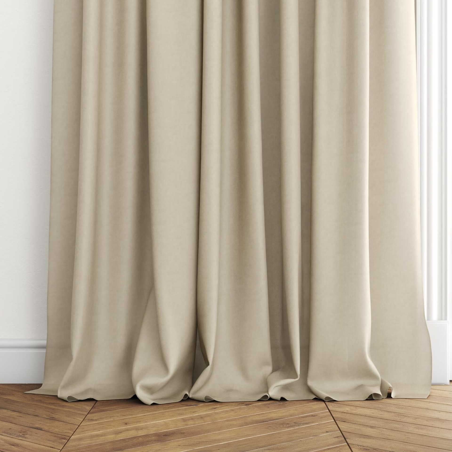Bottom view of Flo II Pelican, puddled with pinch pleat, on curtain rod