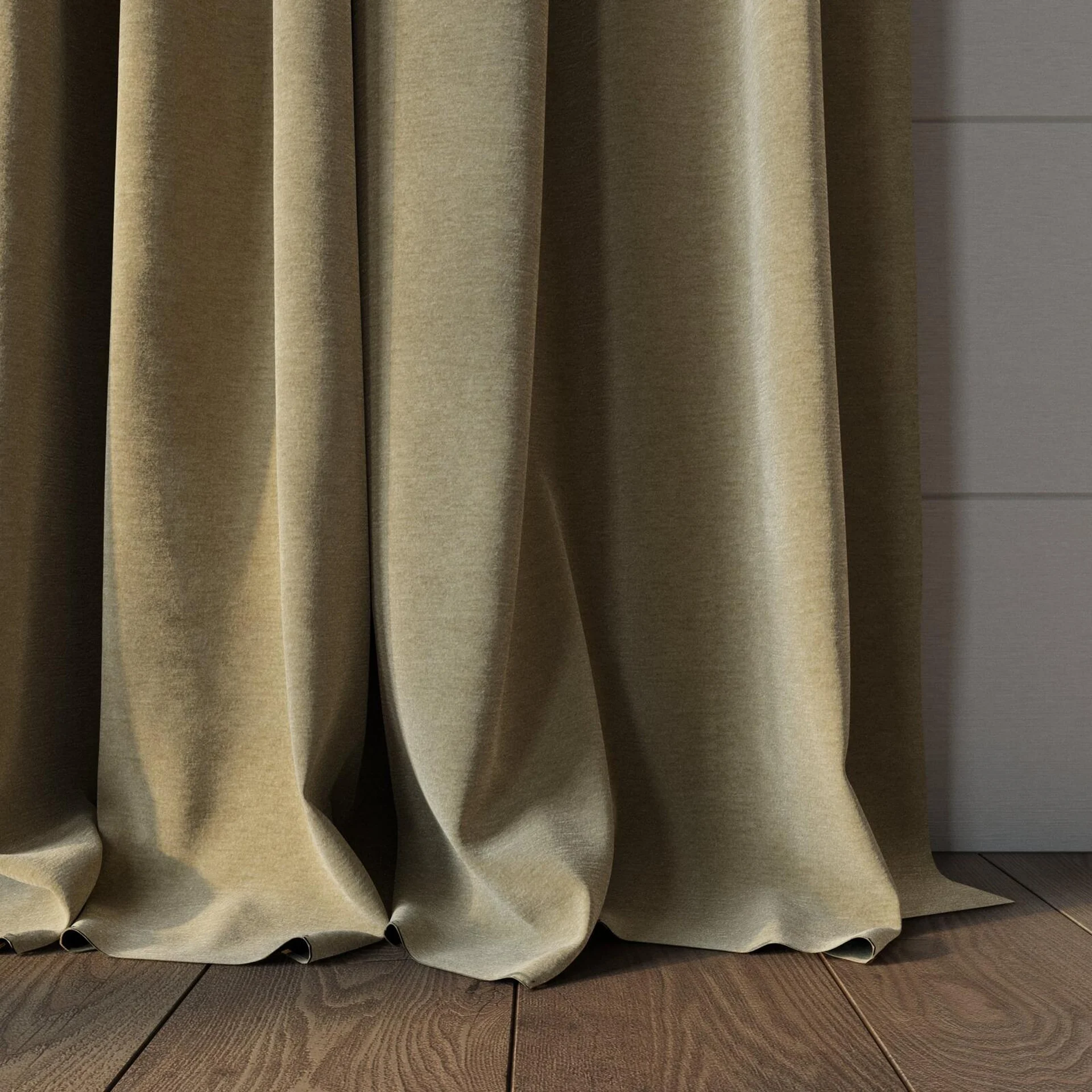 Bottom view of Geneva Linen, puddled, on curtain rod