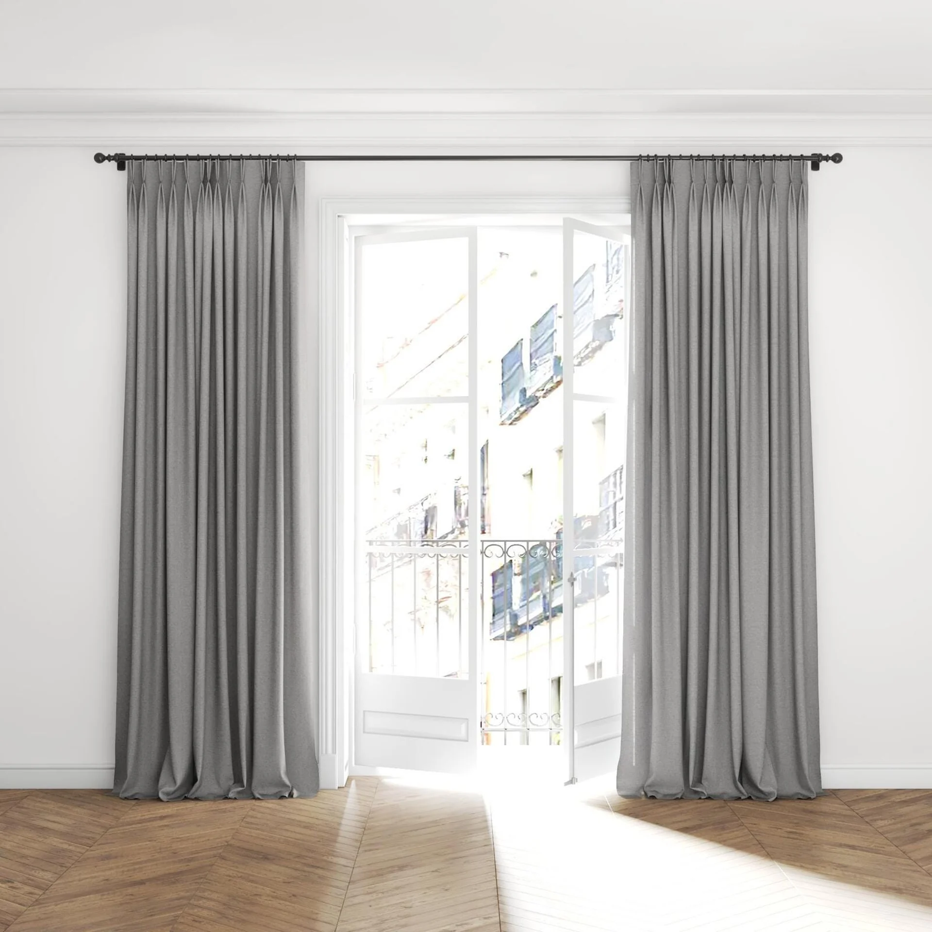 Full view of Envoy 2 Mineral 320cm, puddled with pinch pleat, on curtain rod