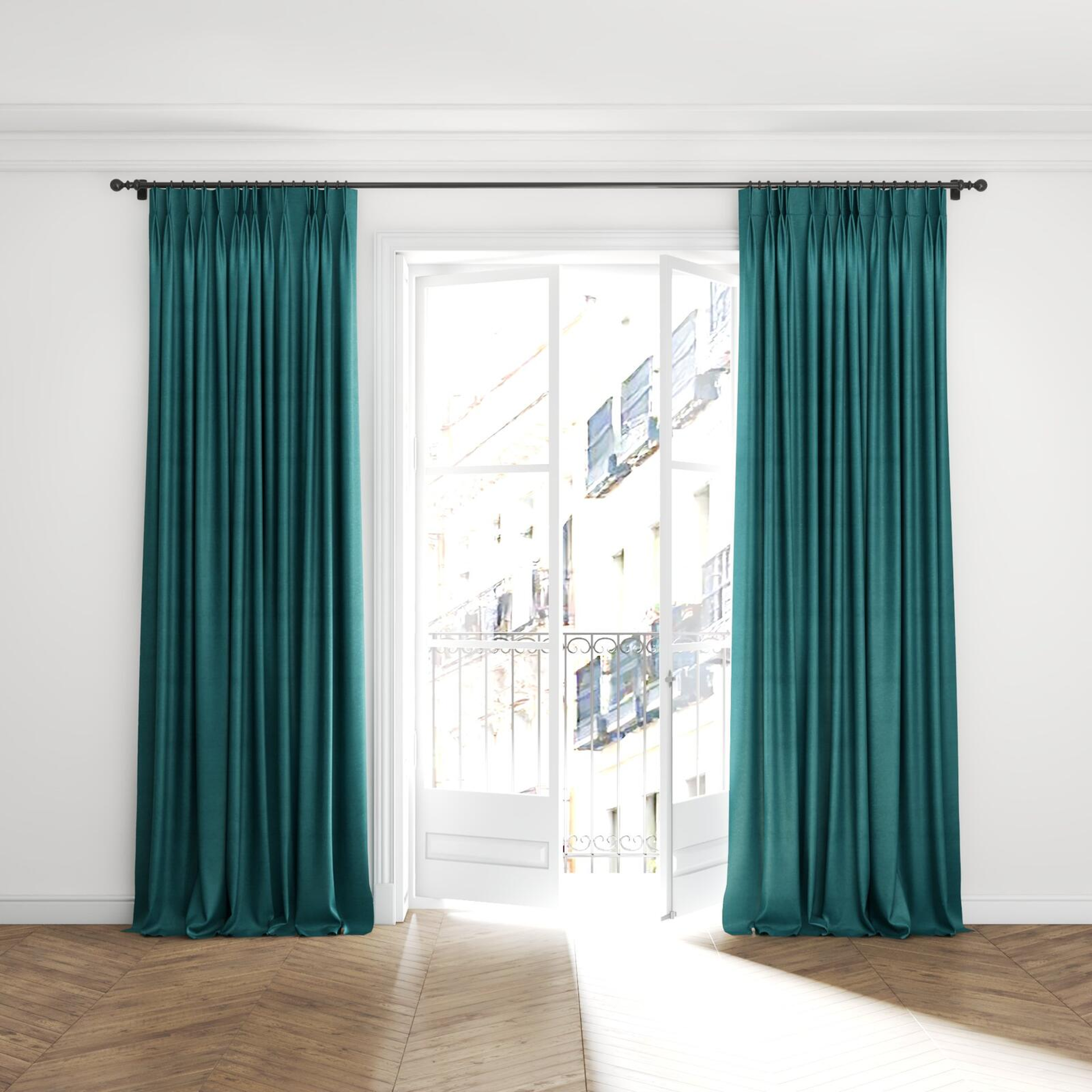 Full view of Baron Peacock, puddled with pinch pleat, on curtain rod