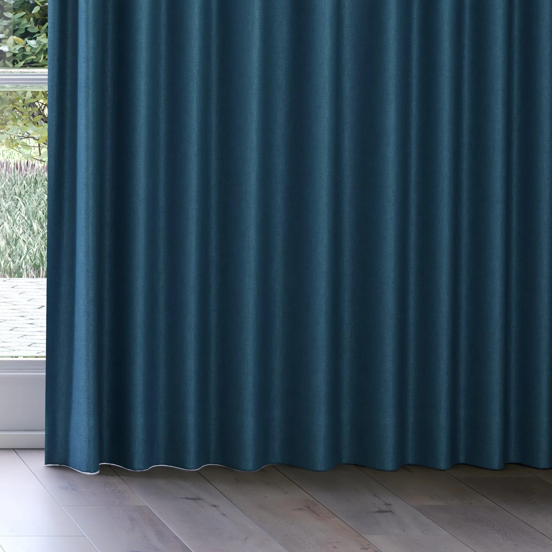 Bottom view of Perfecto Teal, on curtain rail