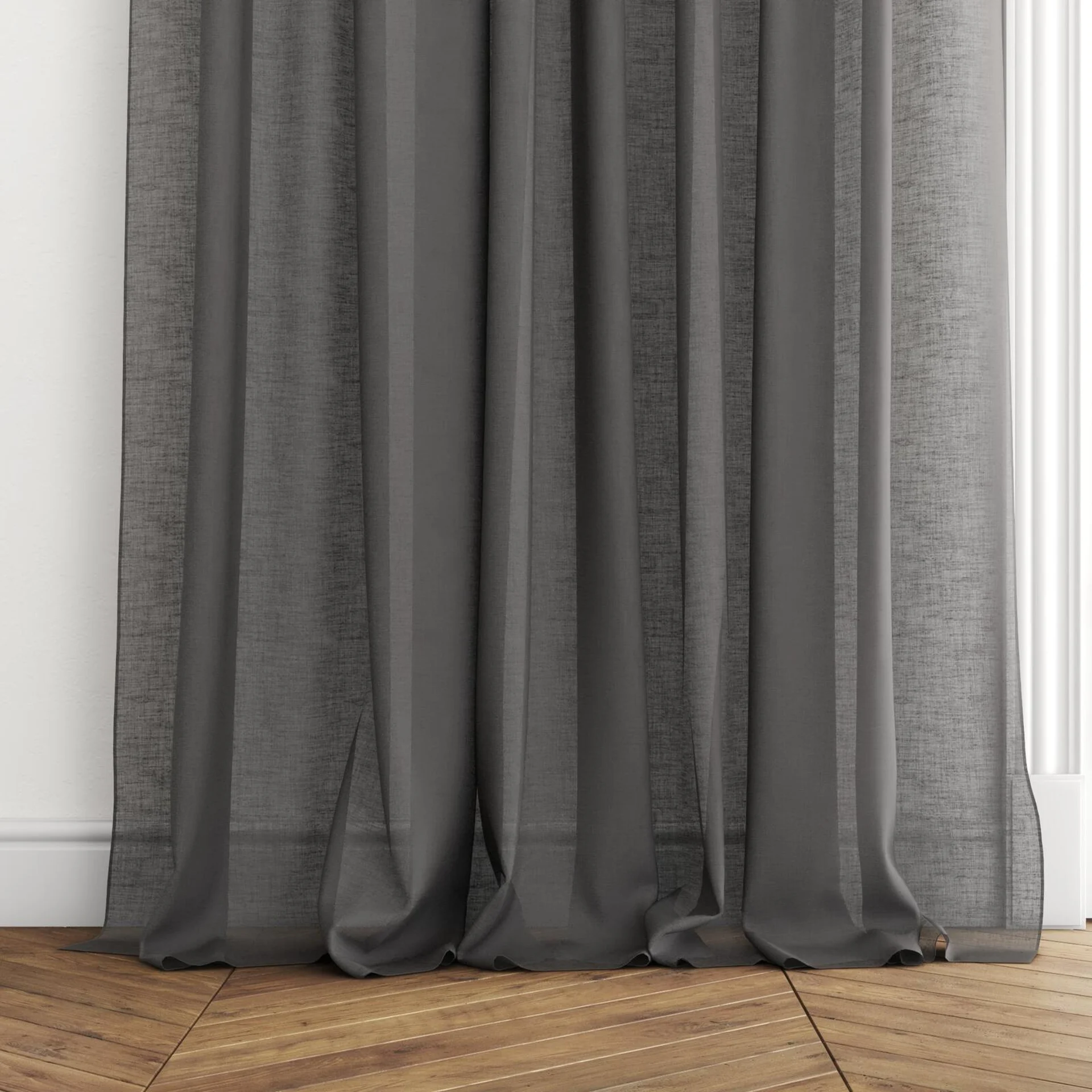 Bottom view of Cirrus Charcoal, puddled with pinch pleat, on curtain rod