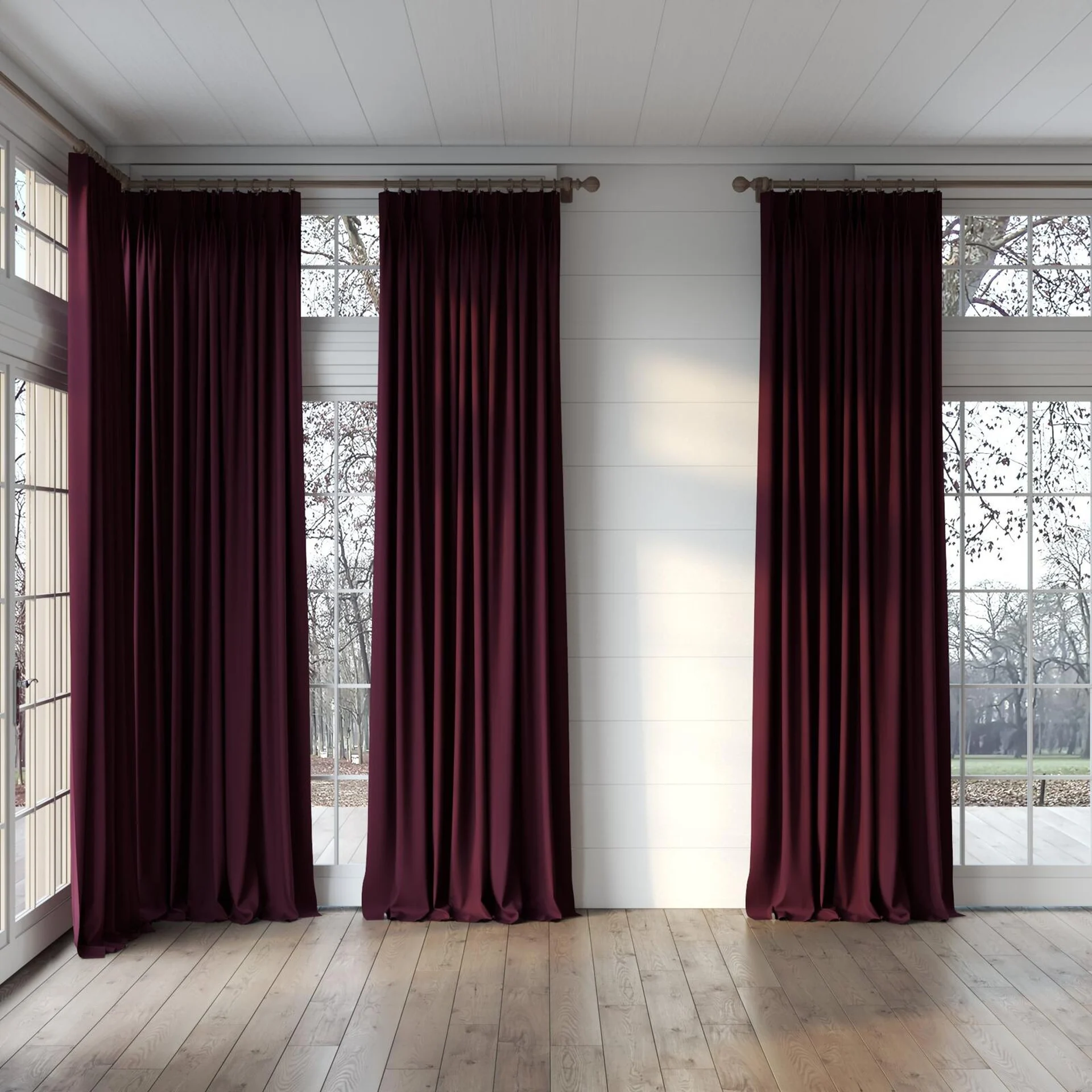 Full view of Vela Aubergine, puddled, on curtain rod