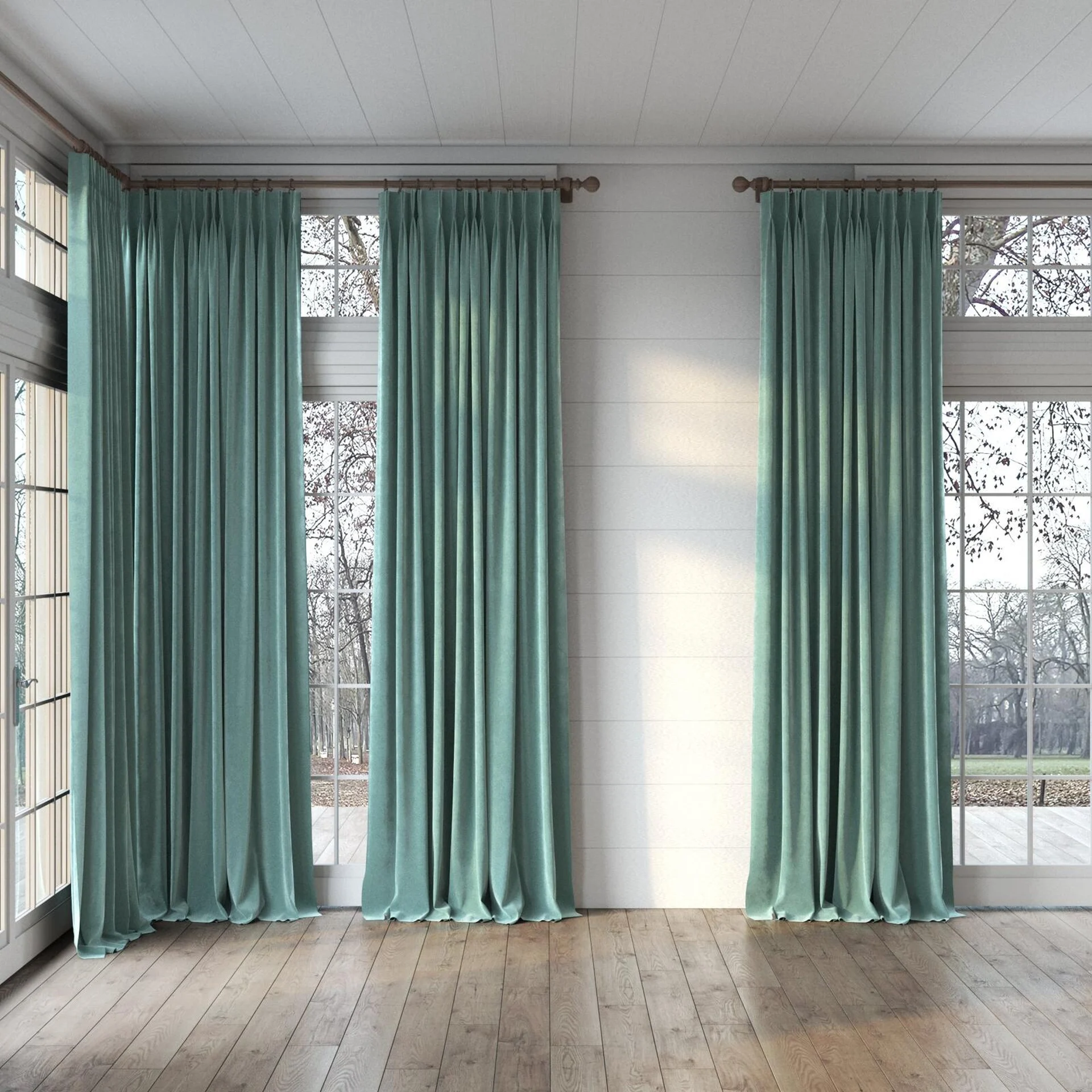Full view of Lux Velvet Mint 8803, puddled, on curtain rod