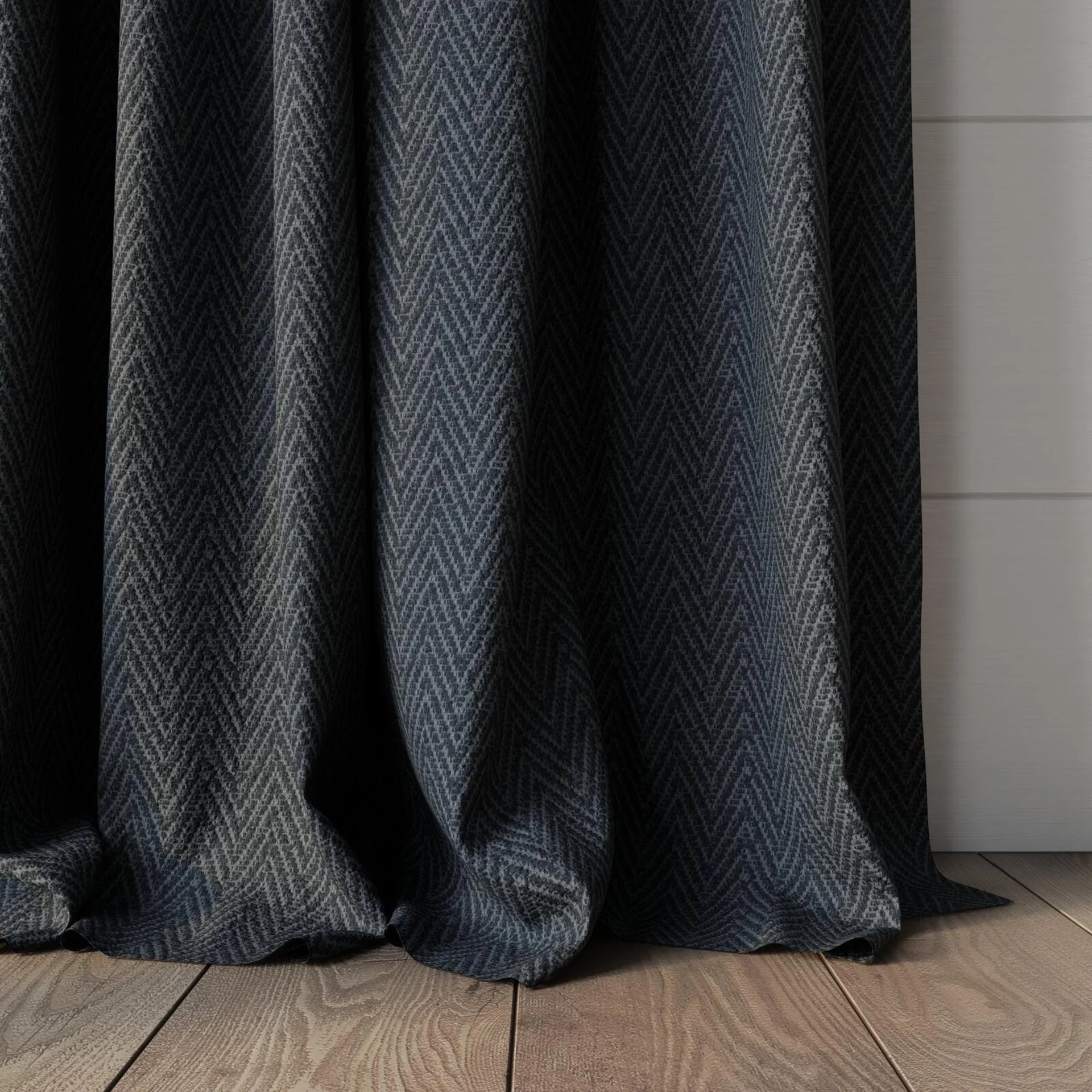 Bottom view of Saiph Slate, puddled, on curtain rod