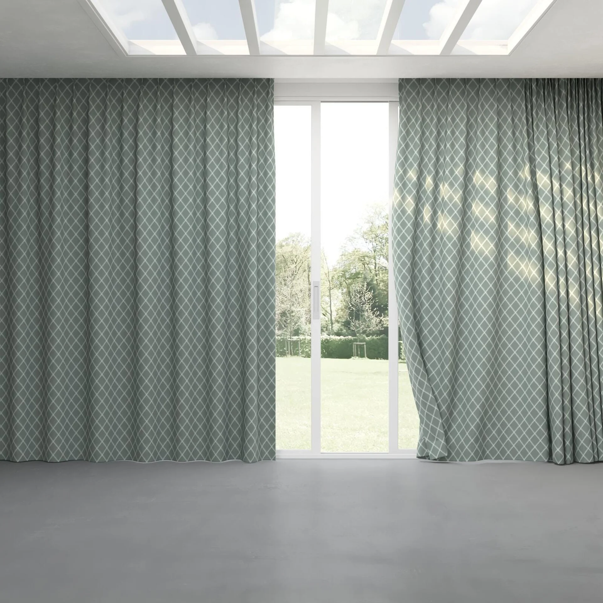 Full view of Pantheon Lichen, pinch pleat