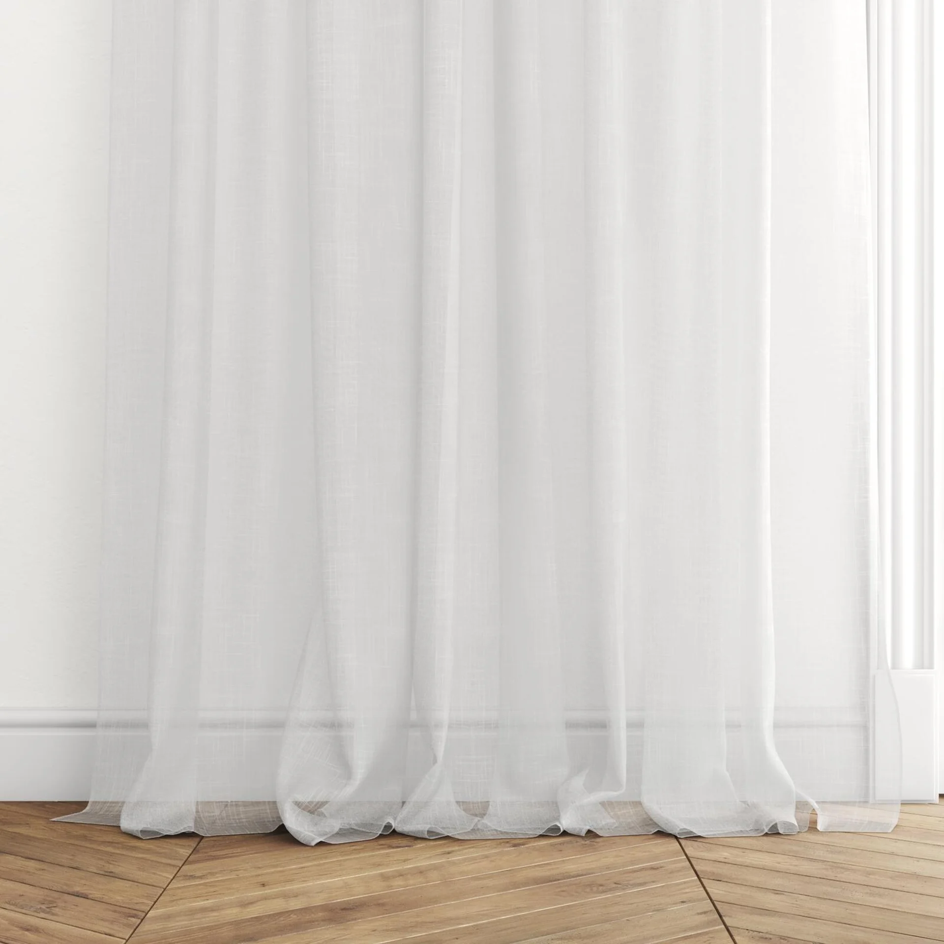Bottom view of Attica White, puddled with pinch pleat, on curtain rod