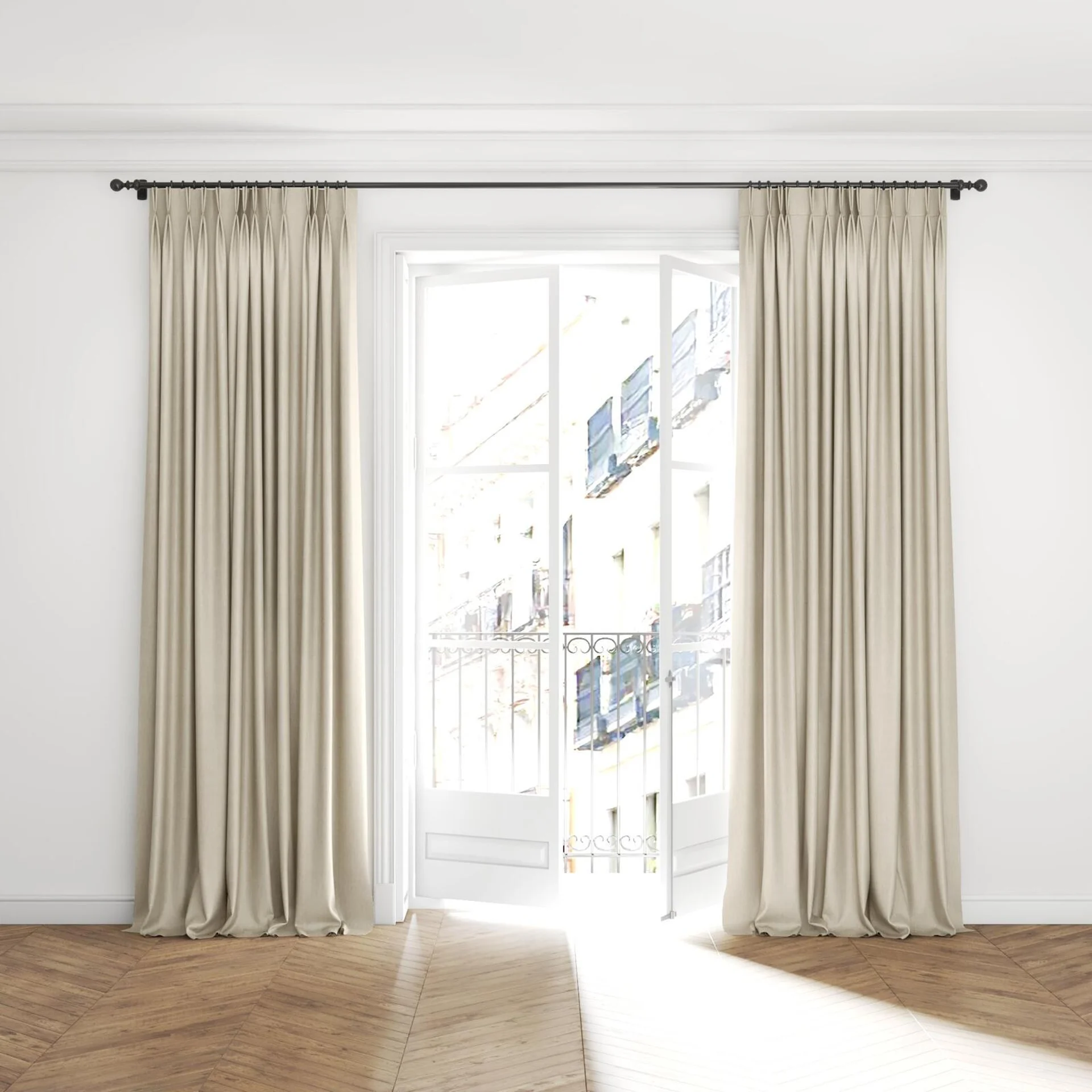 Full view of Hombre Cream, puddled with pinch pleat, on curtain rod