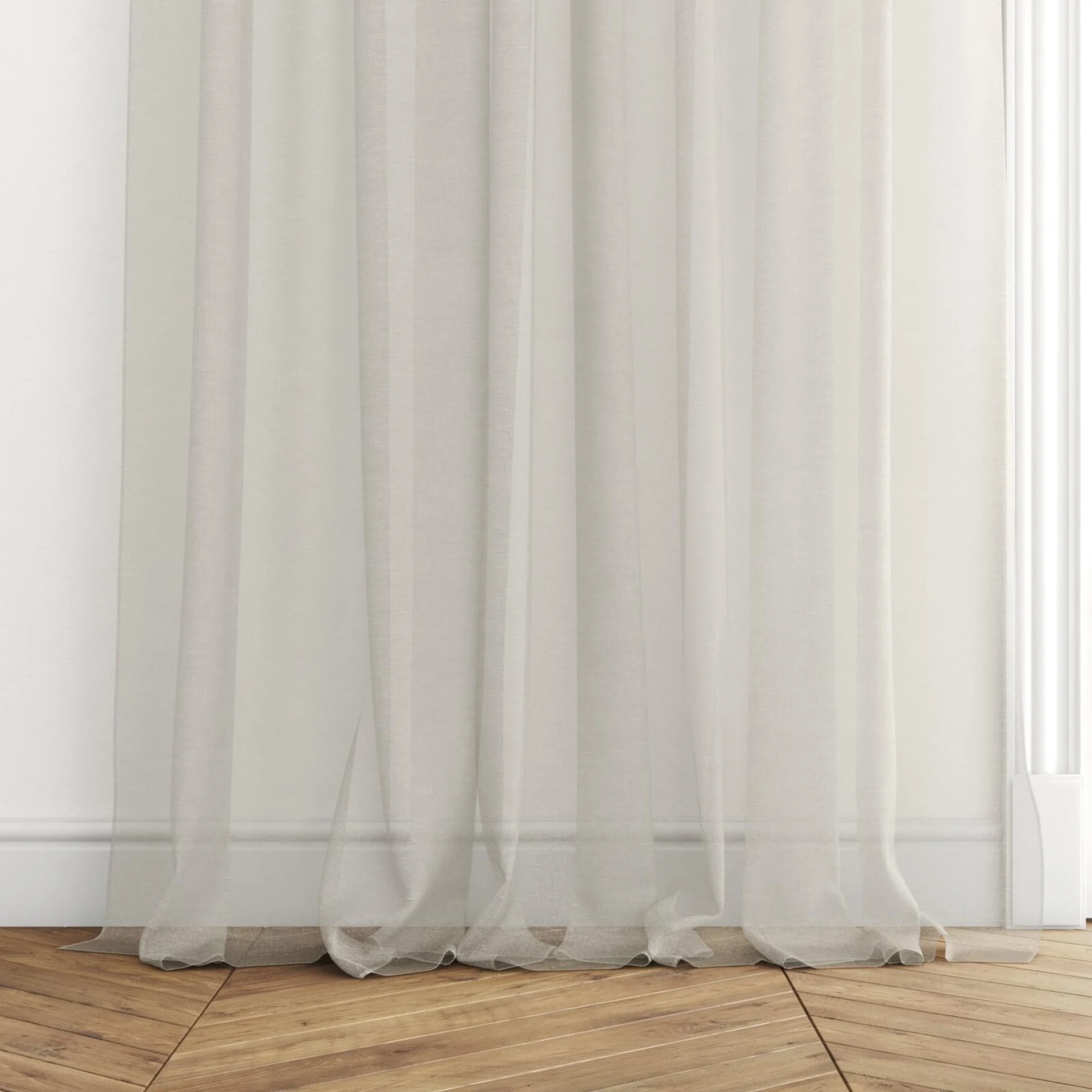 Bottom view of Rhyme Fog, puddled with pinch pleat, on curtain rod