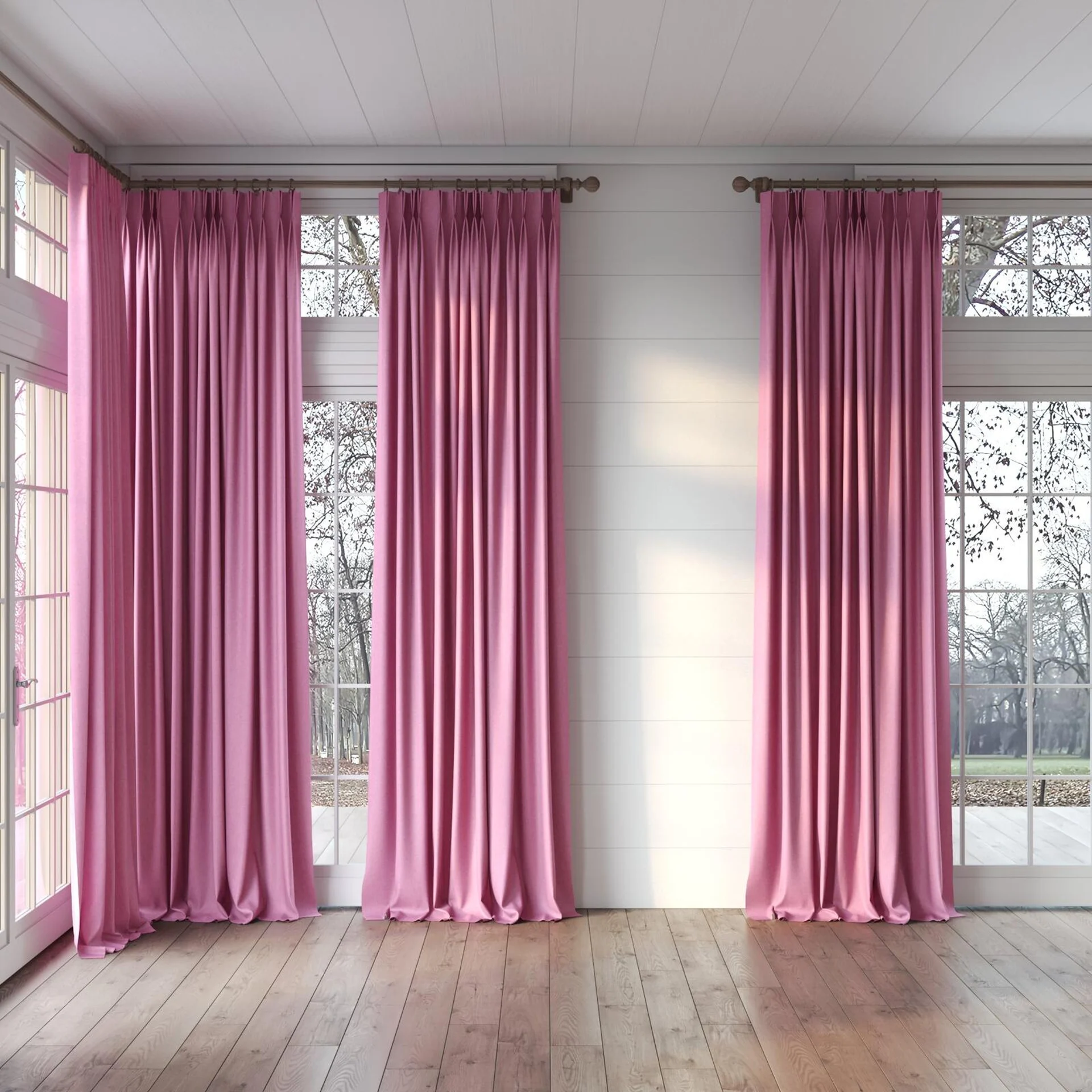 Full view of Hometown Fuchsia, puddled, on curtain rod