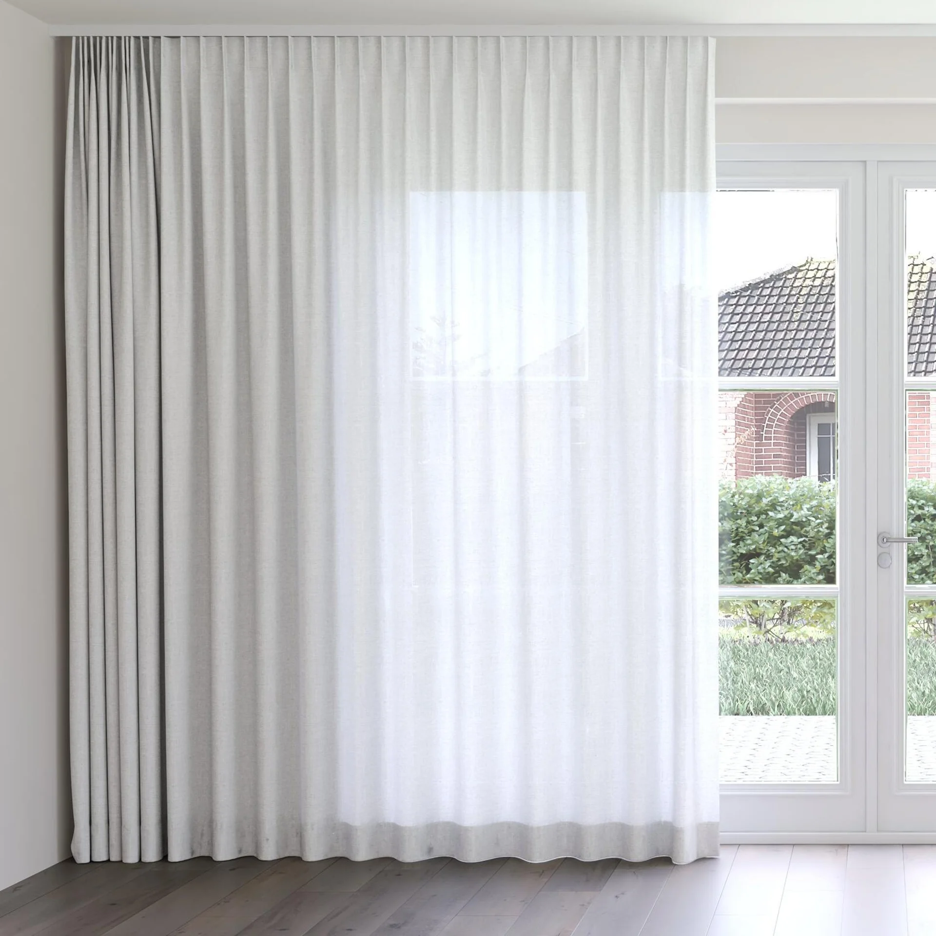 Front view of Envoy 2 Haze 320cm, on curtain rail