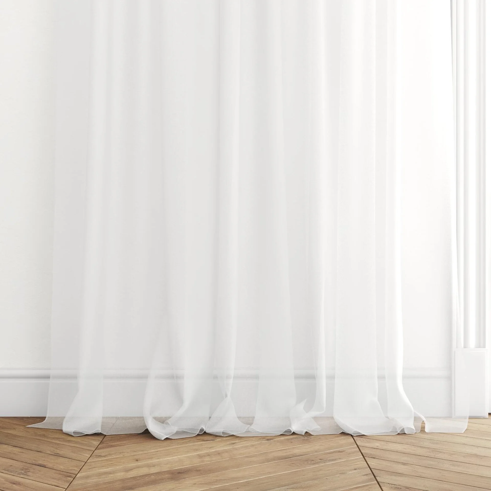 Bottom view of Cavalier White, puddled with pinch pleat, on curtain rod