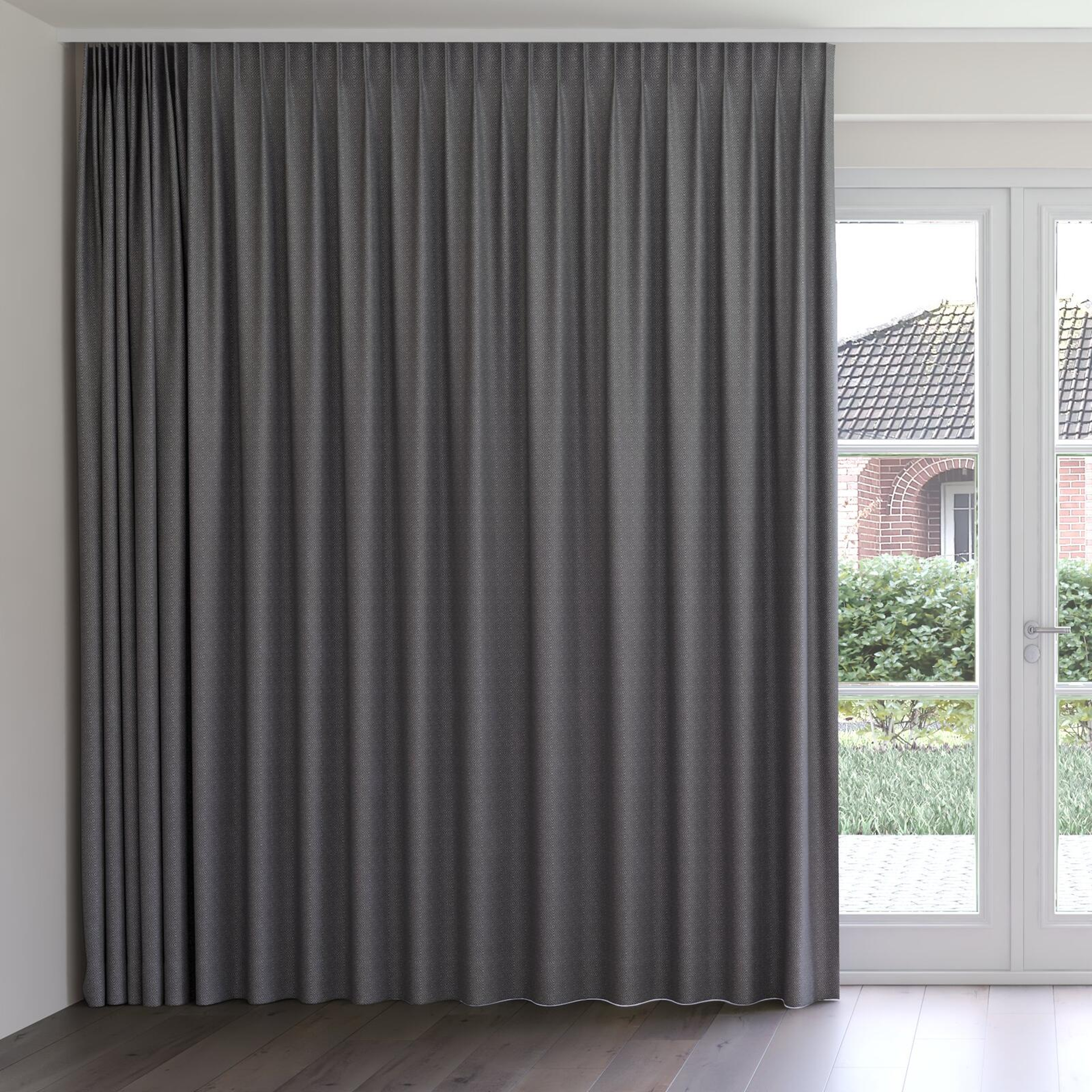 Front view of Hashtag Charcoal, on curtain rail