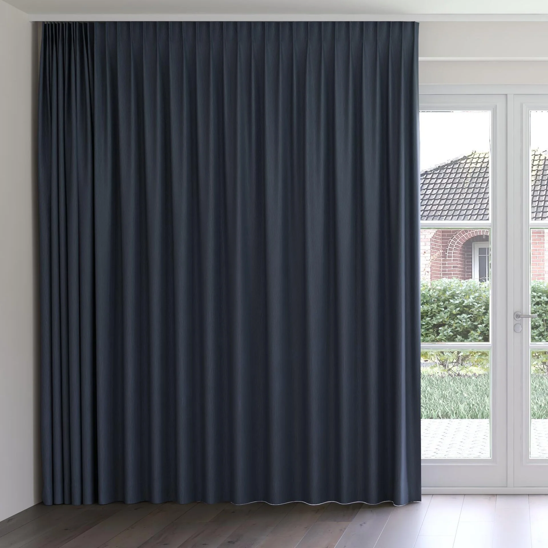 Front view of Tuxedo Jeans, on curtain rail
