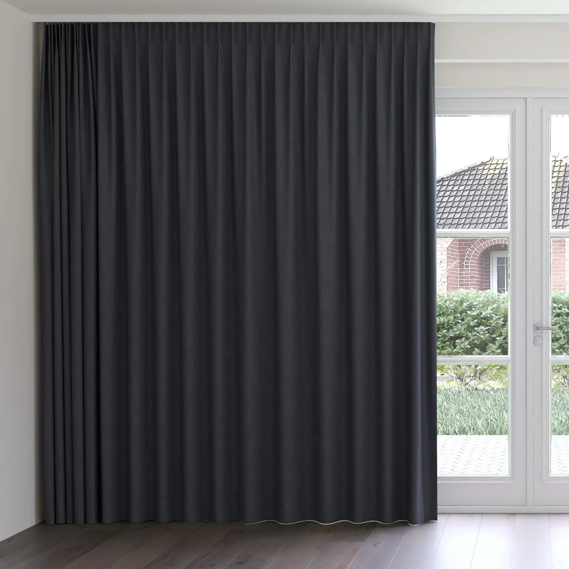 Front view of Colourwash Eco Caviar, on curtain rail