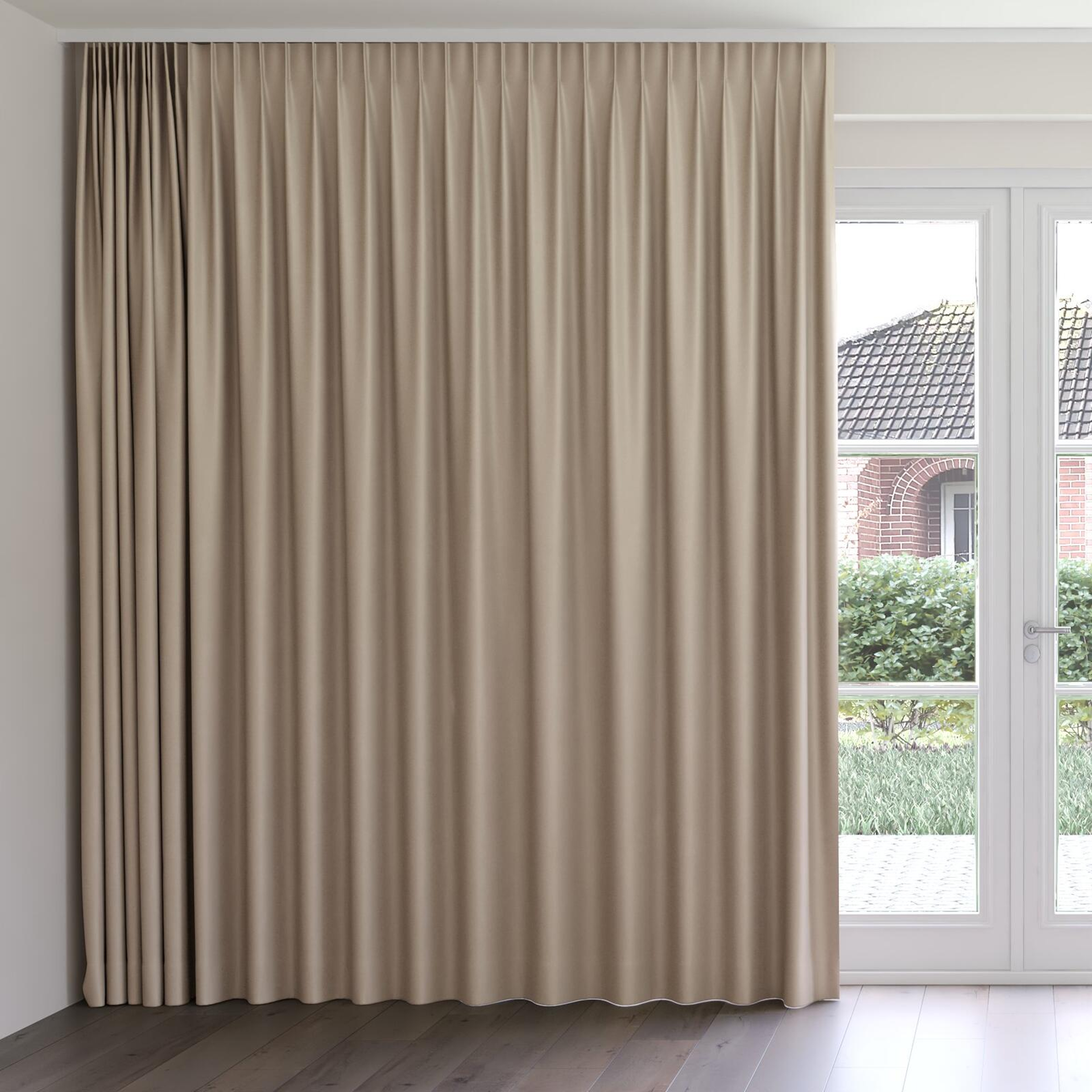 Front view of Elaborate Taupe, on curtain rail