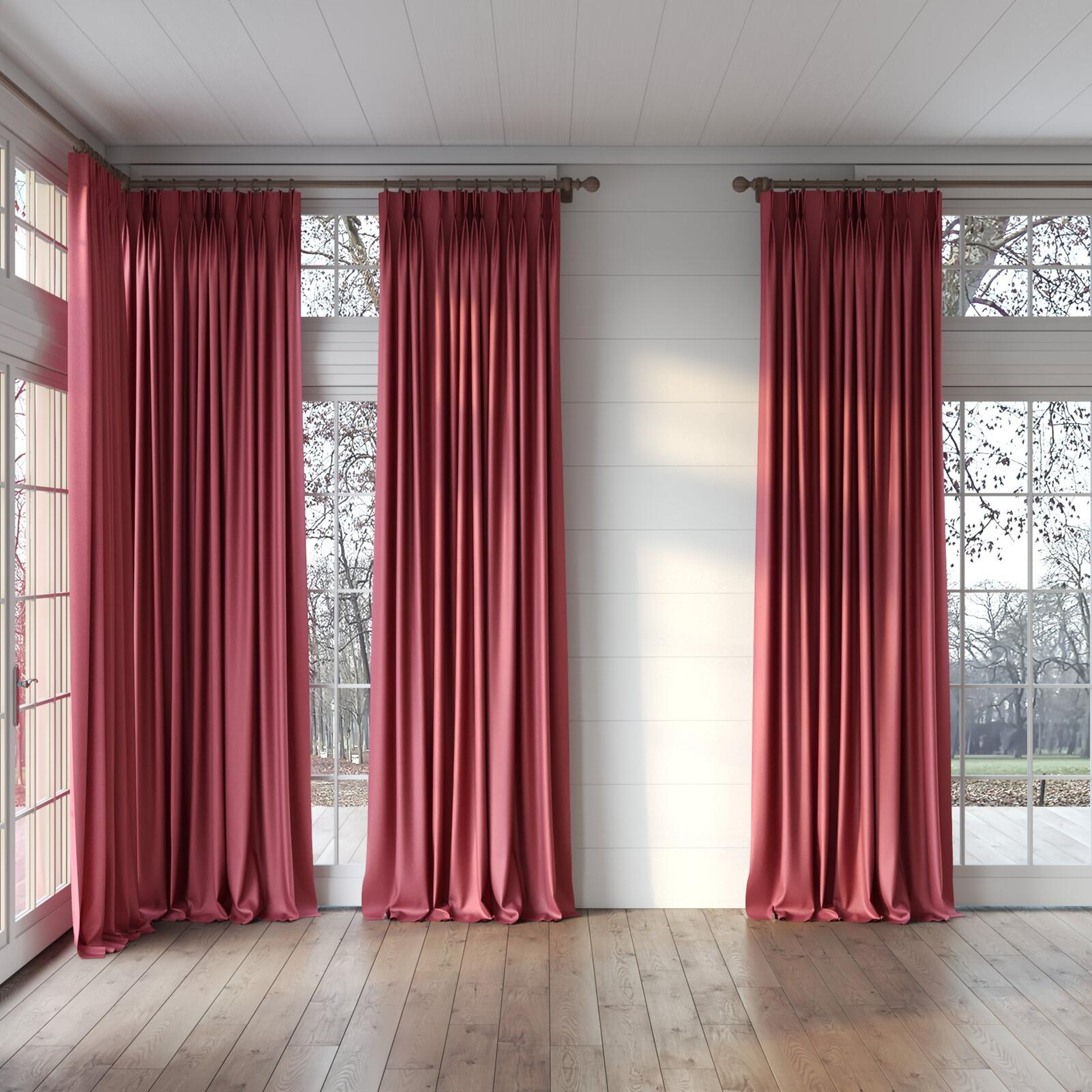 Full view of Tonga Peony, puddled, on curtain rod