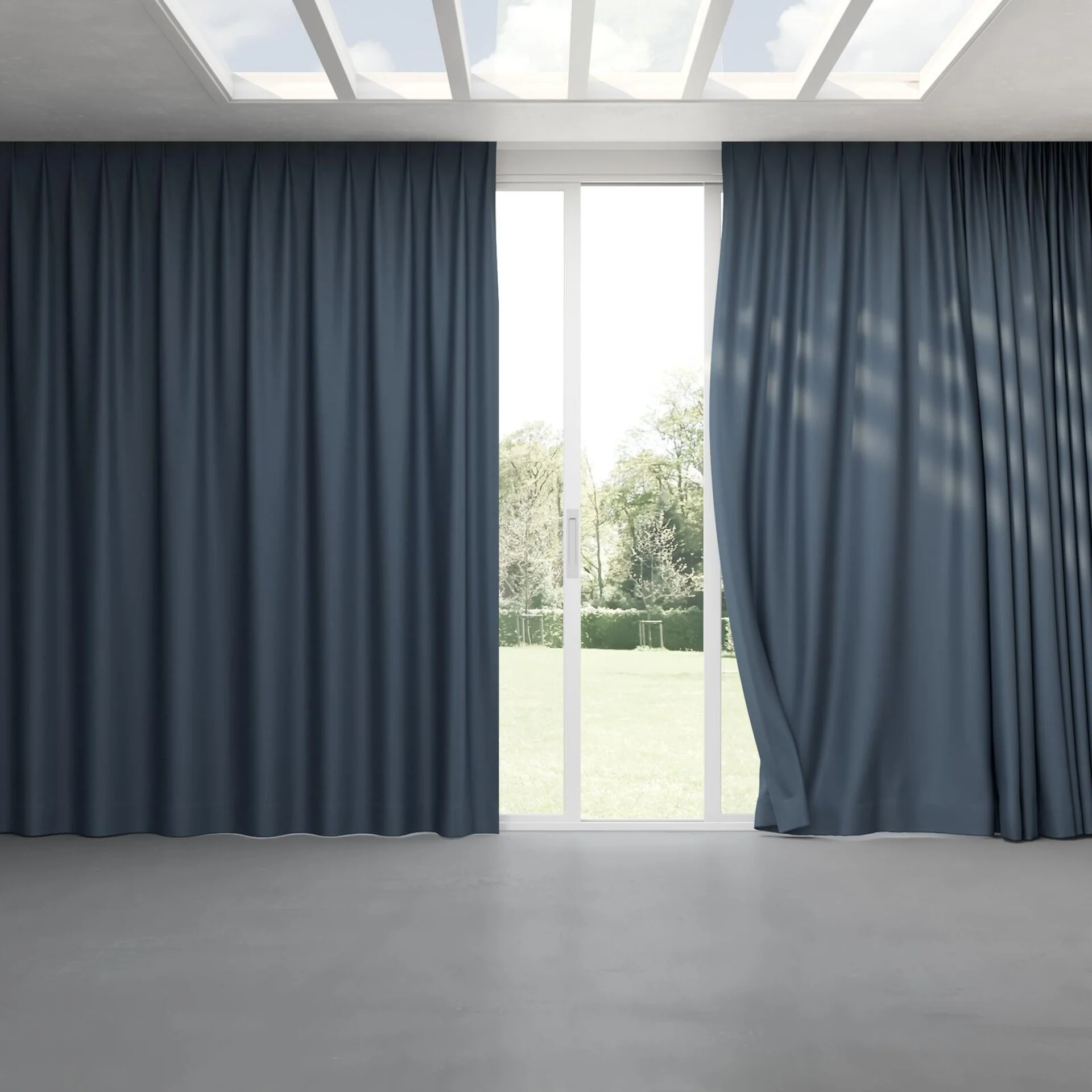 Full view of Infinite Ming Blue, pinch pleat