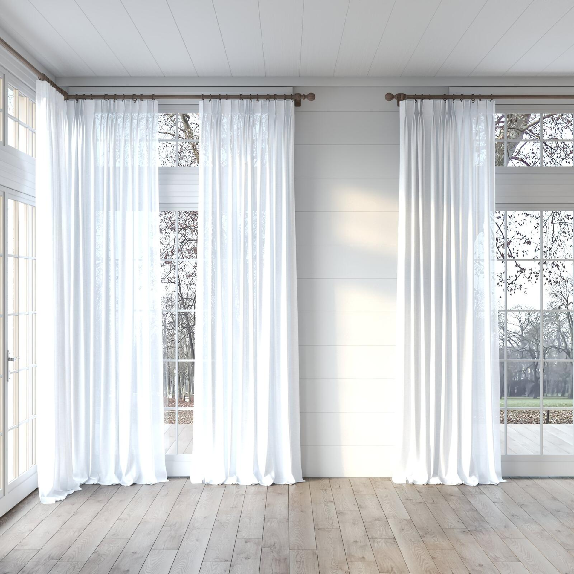 Full view of Arcadia Pristine, puddled, on curtain rod