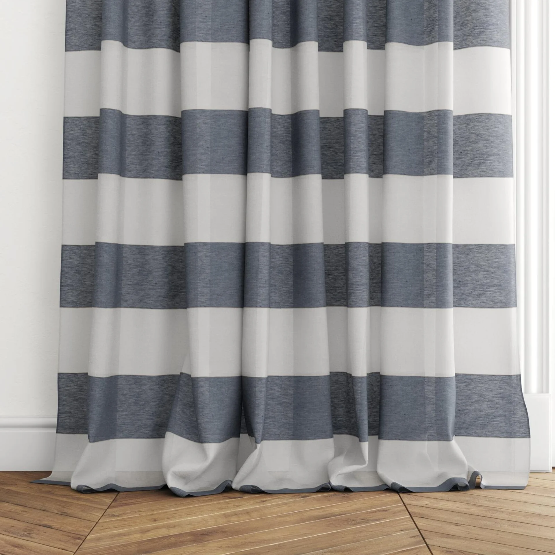 Bottom view of Long Beach Navy, puddled with pinch pleat, on curtain rod