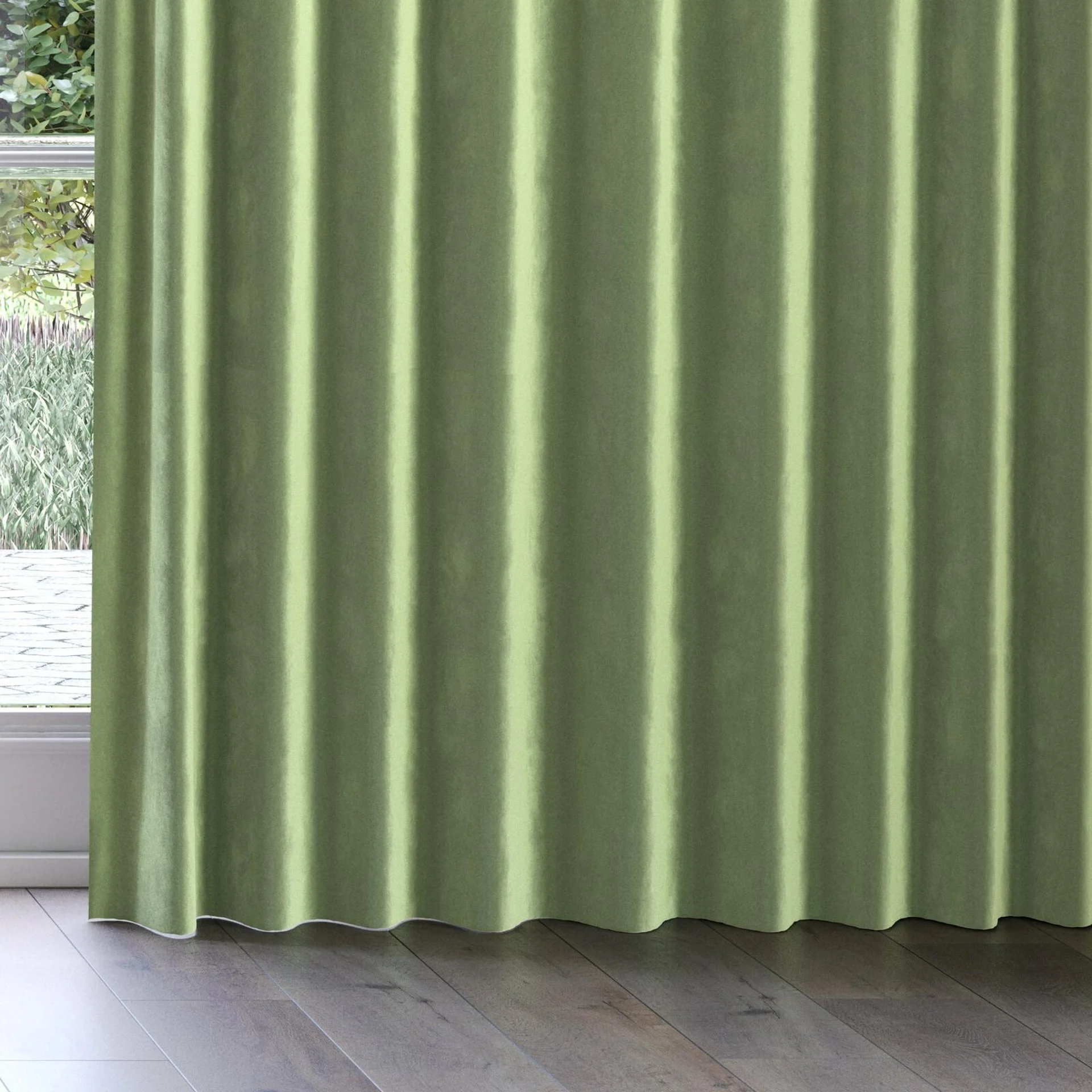 Bottom view of Velvelux Matcha, on curtain rail