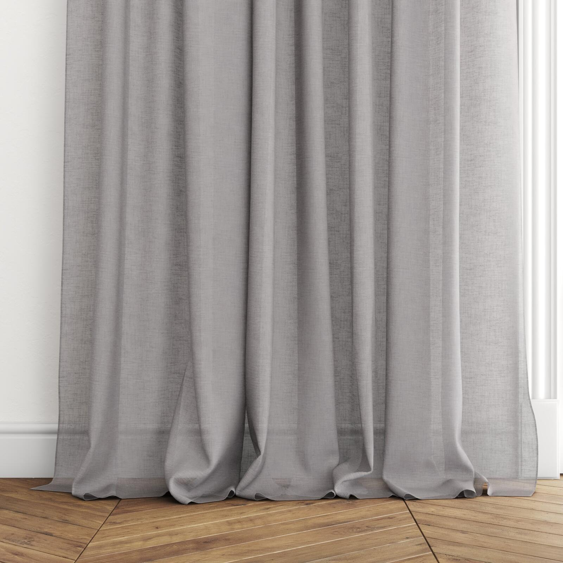 Bottom view of Cirrus Slate, puddled with pinch pleat, on curtain rod