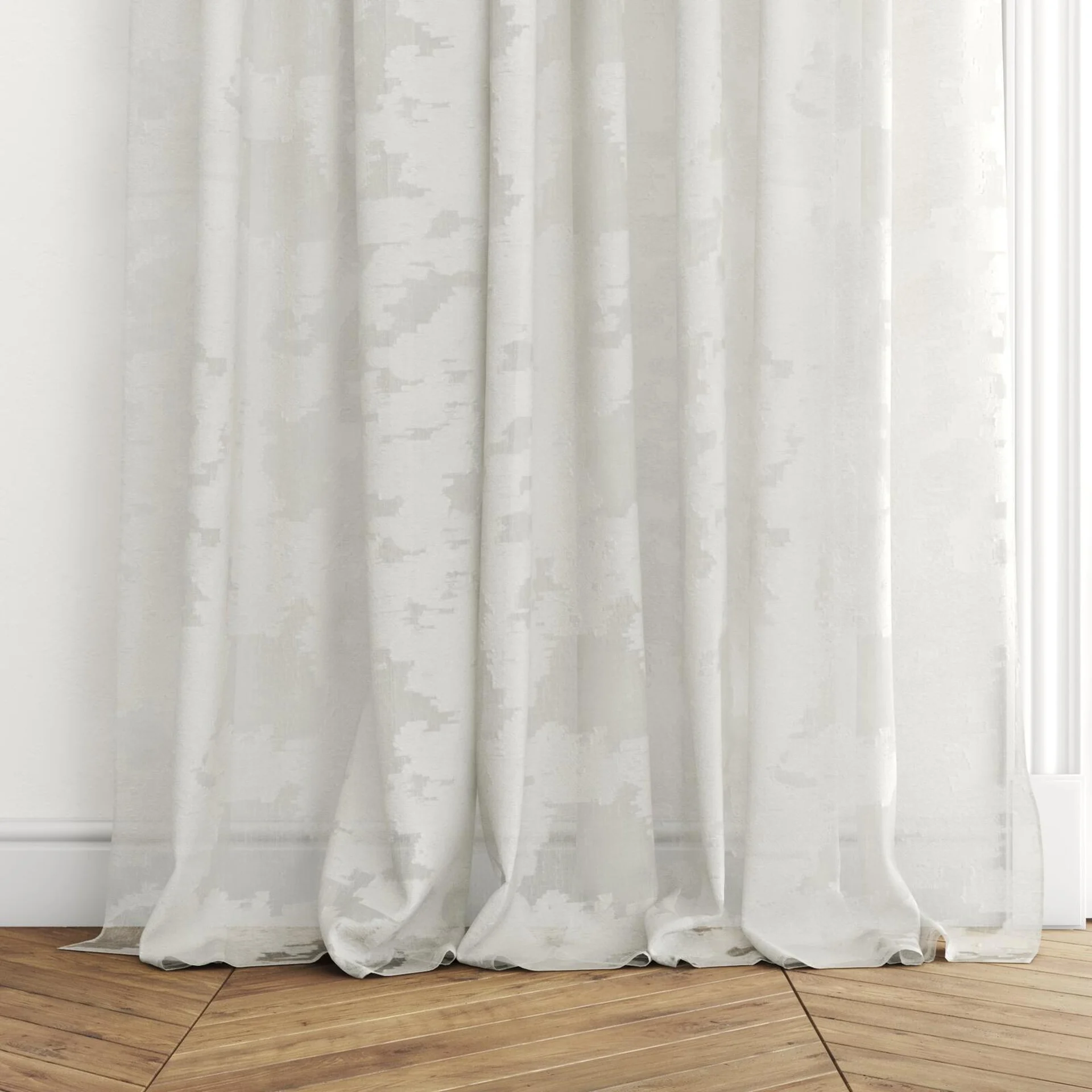 Bottom view of Triora Plaza, puddled with pinch pleat, on curtain rod