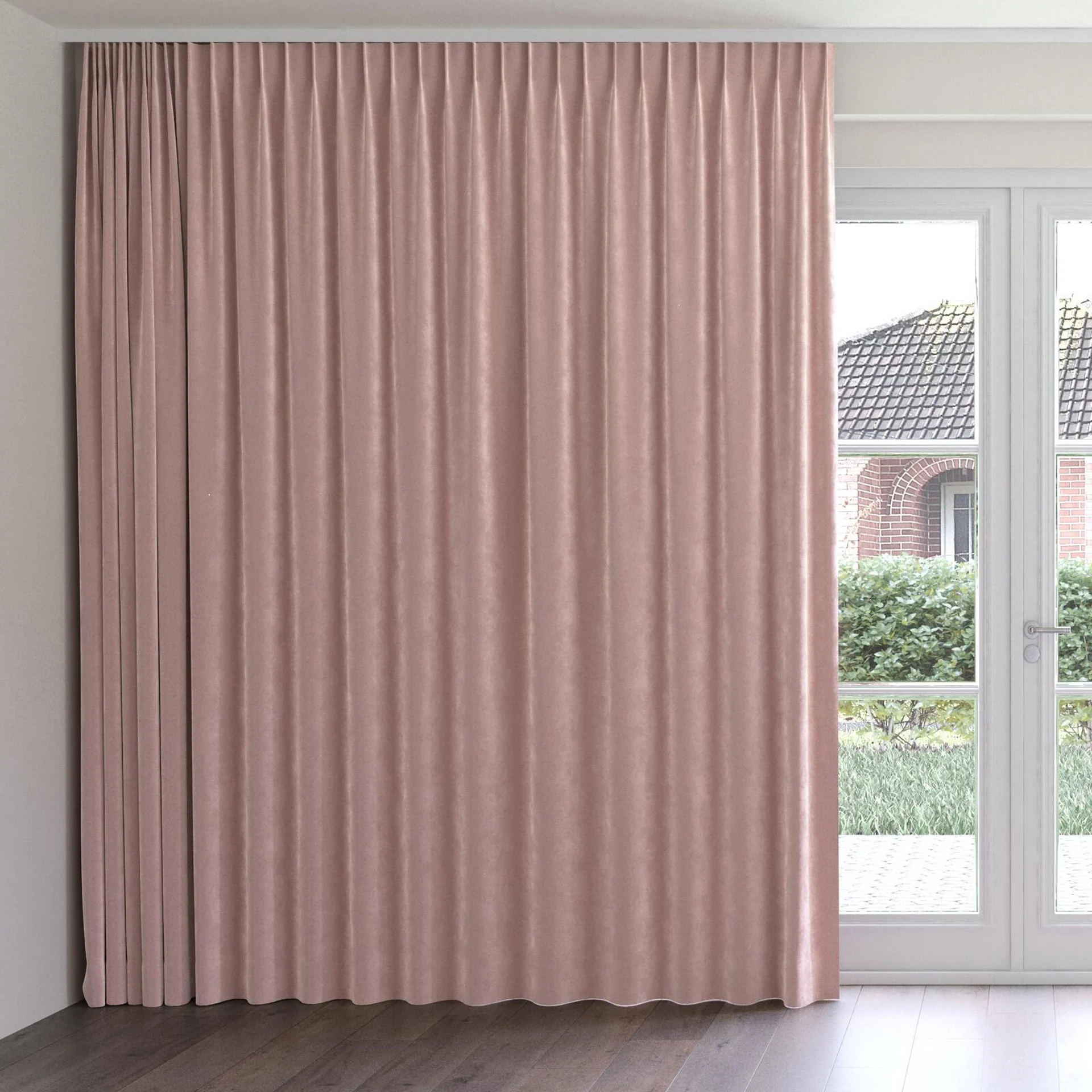 Front view of Lux Velvet Clover 8505, on curtain rail