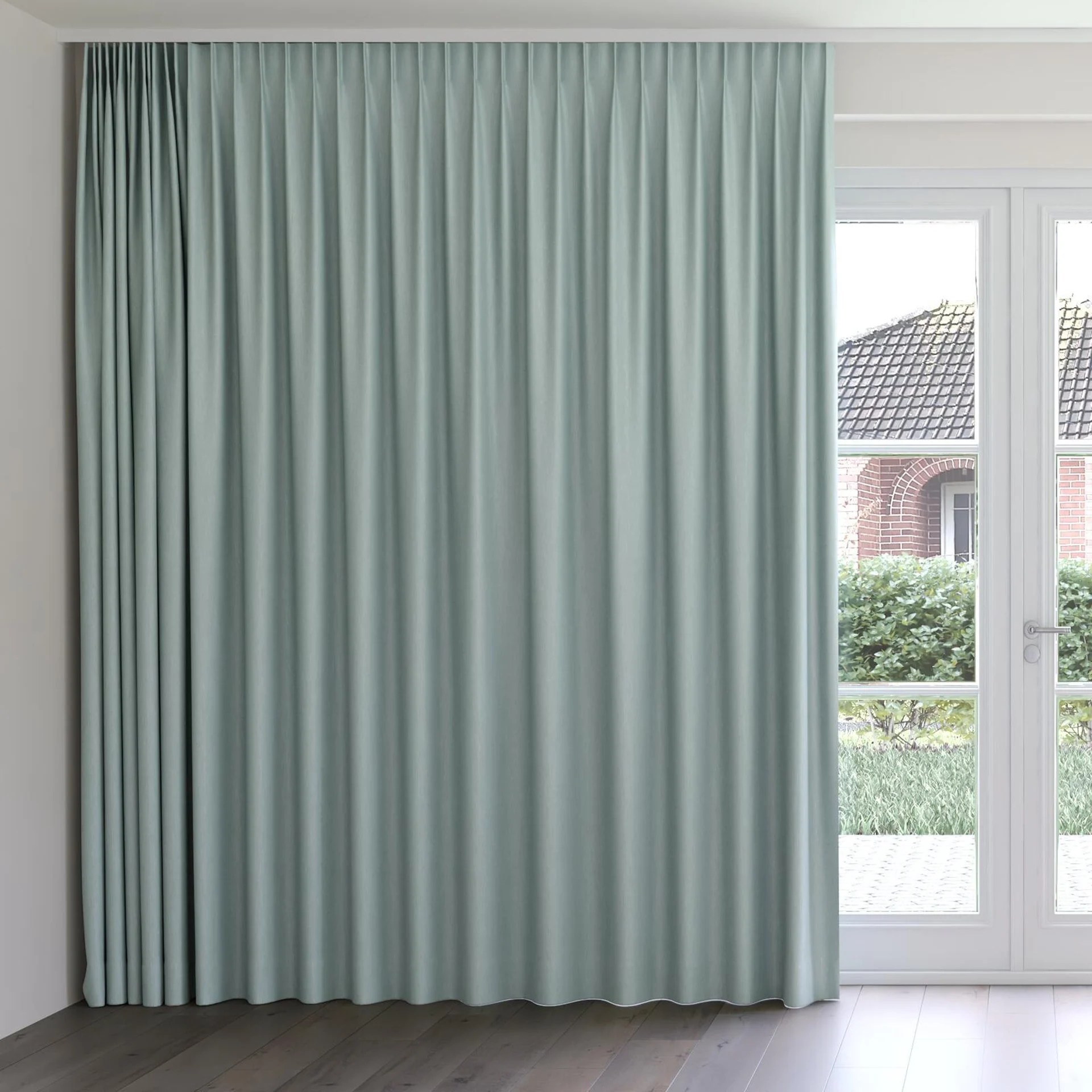 Front view of Cordoba Celadon, on curtain rail