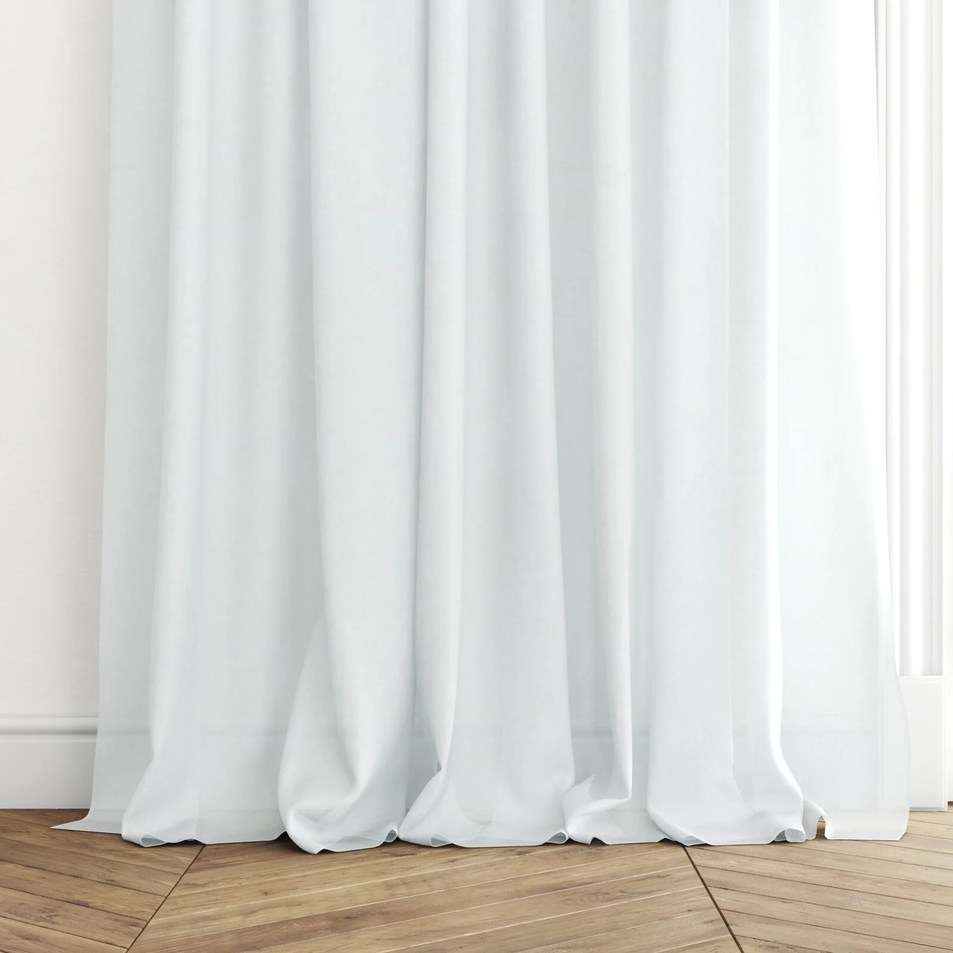 Bottom view of Flo II Snow, puddled with pinch pleat, on curtain rod