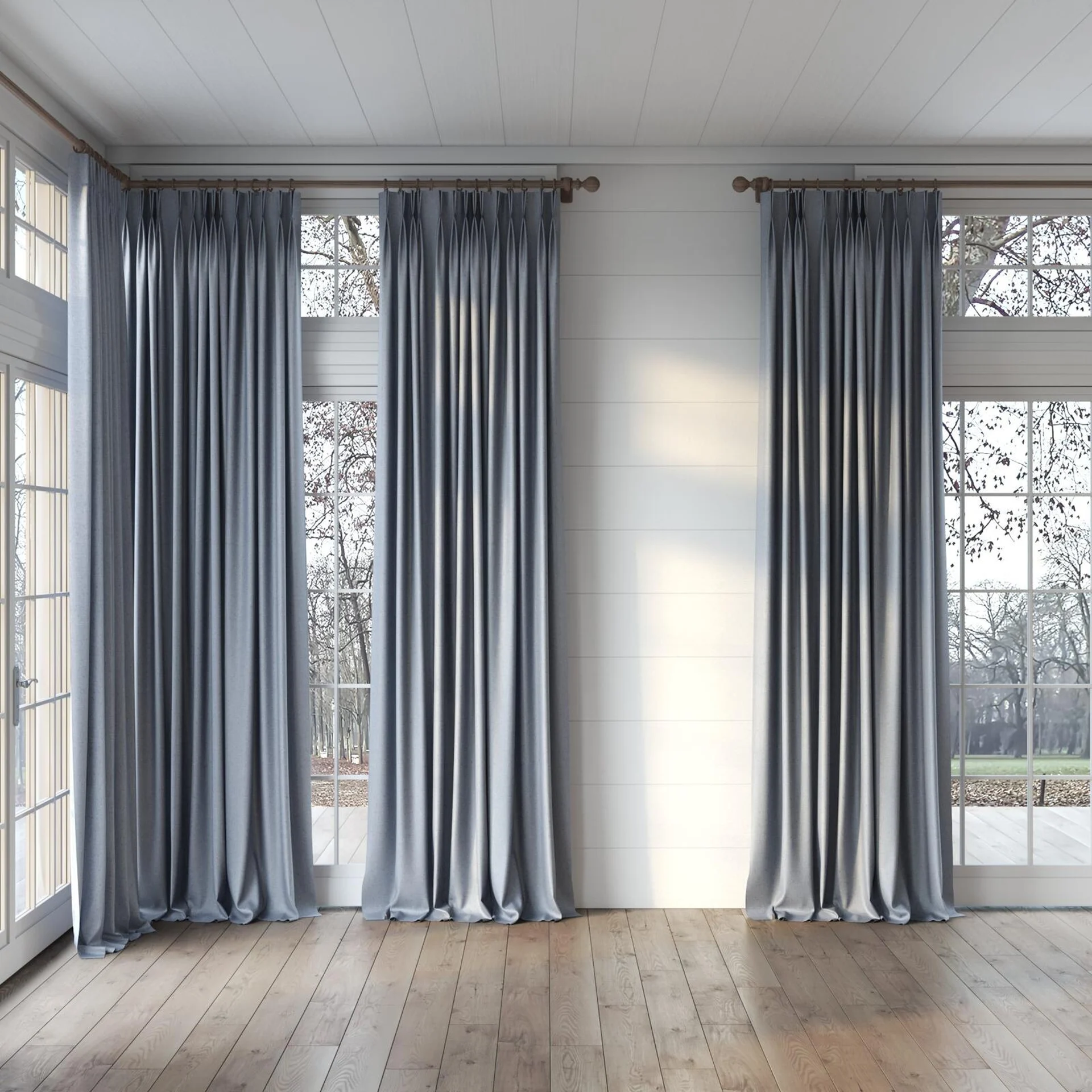 Full view of Tonga Aluminium, puddled, on curtain rod