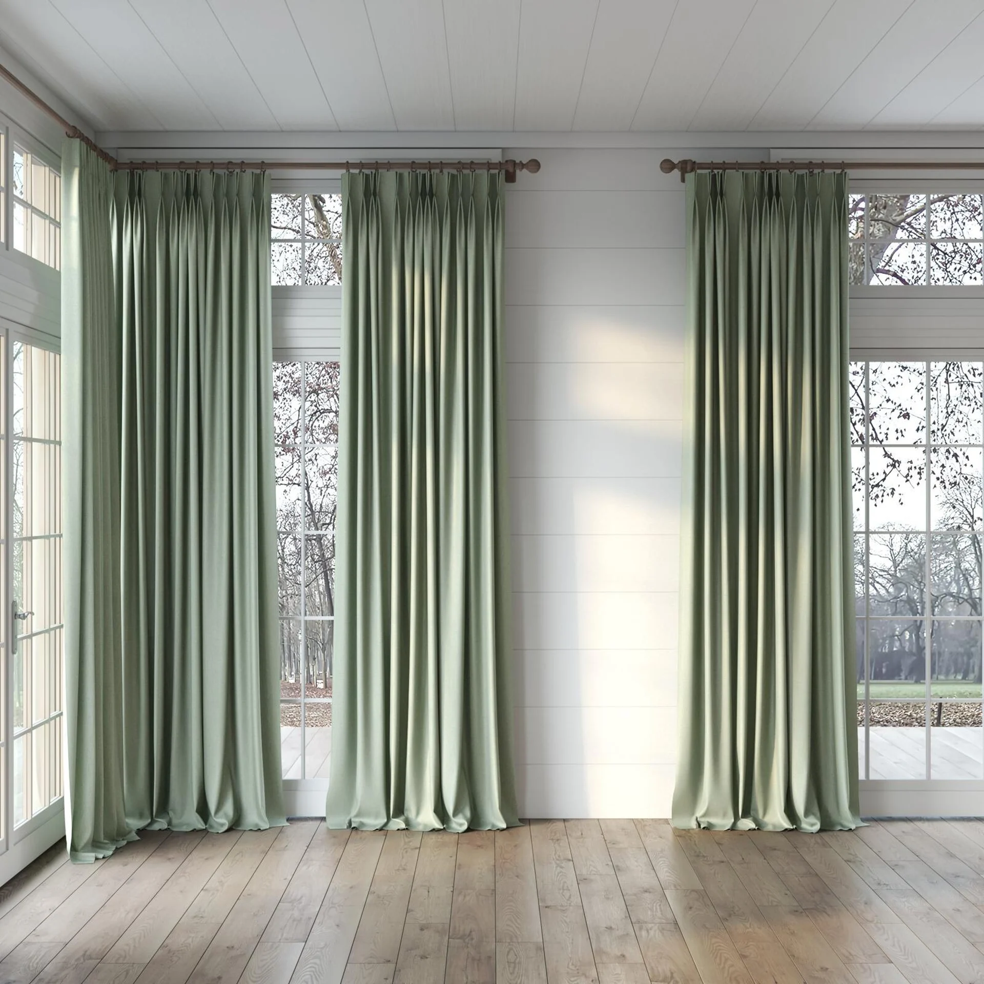 Full view of Gent Celadon, puddled, on curtain rod