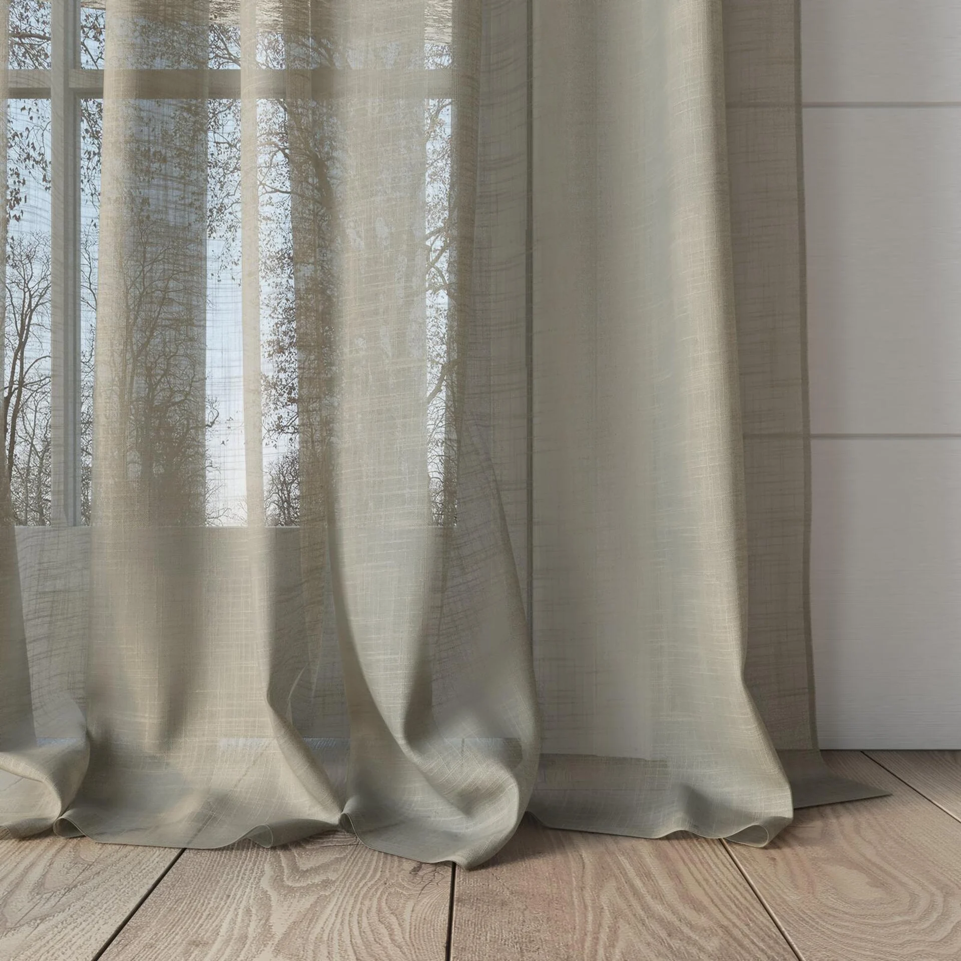 Bottom view of Kumo Recycled Linen, puddled, on curtain rod