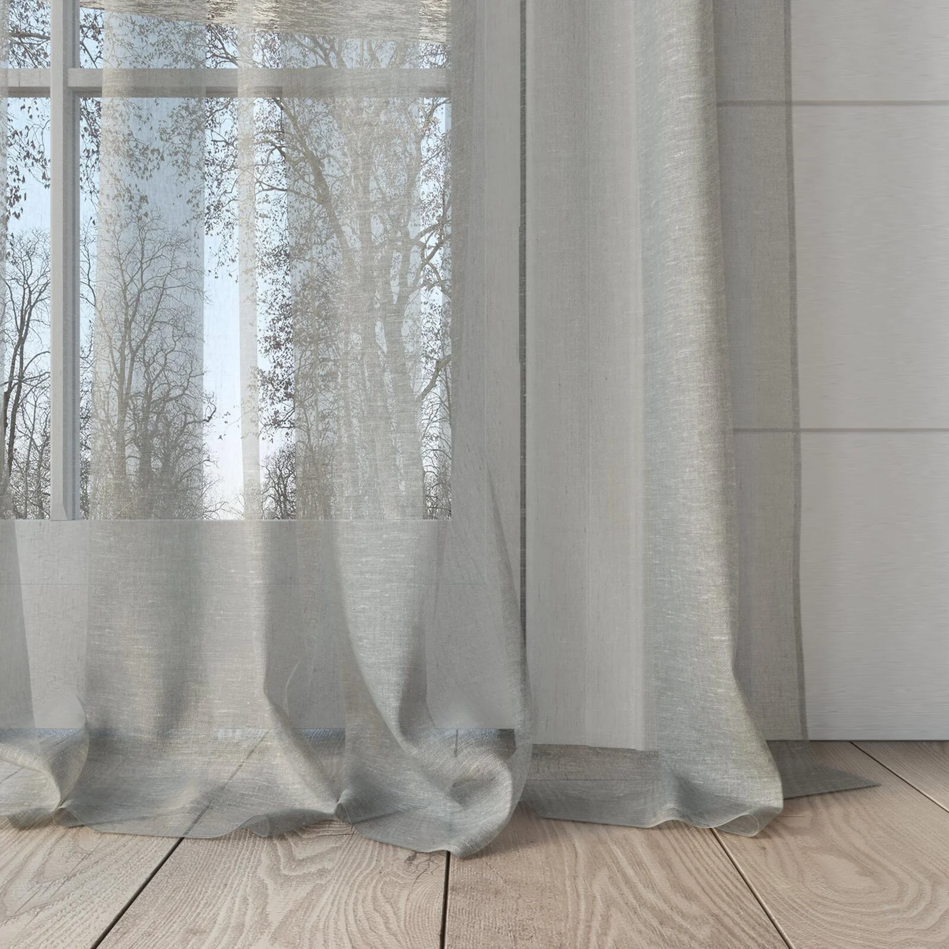 Bottom view of Rhyme Silver, puddled, on curtain rod
