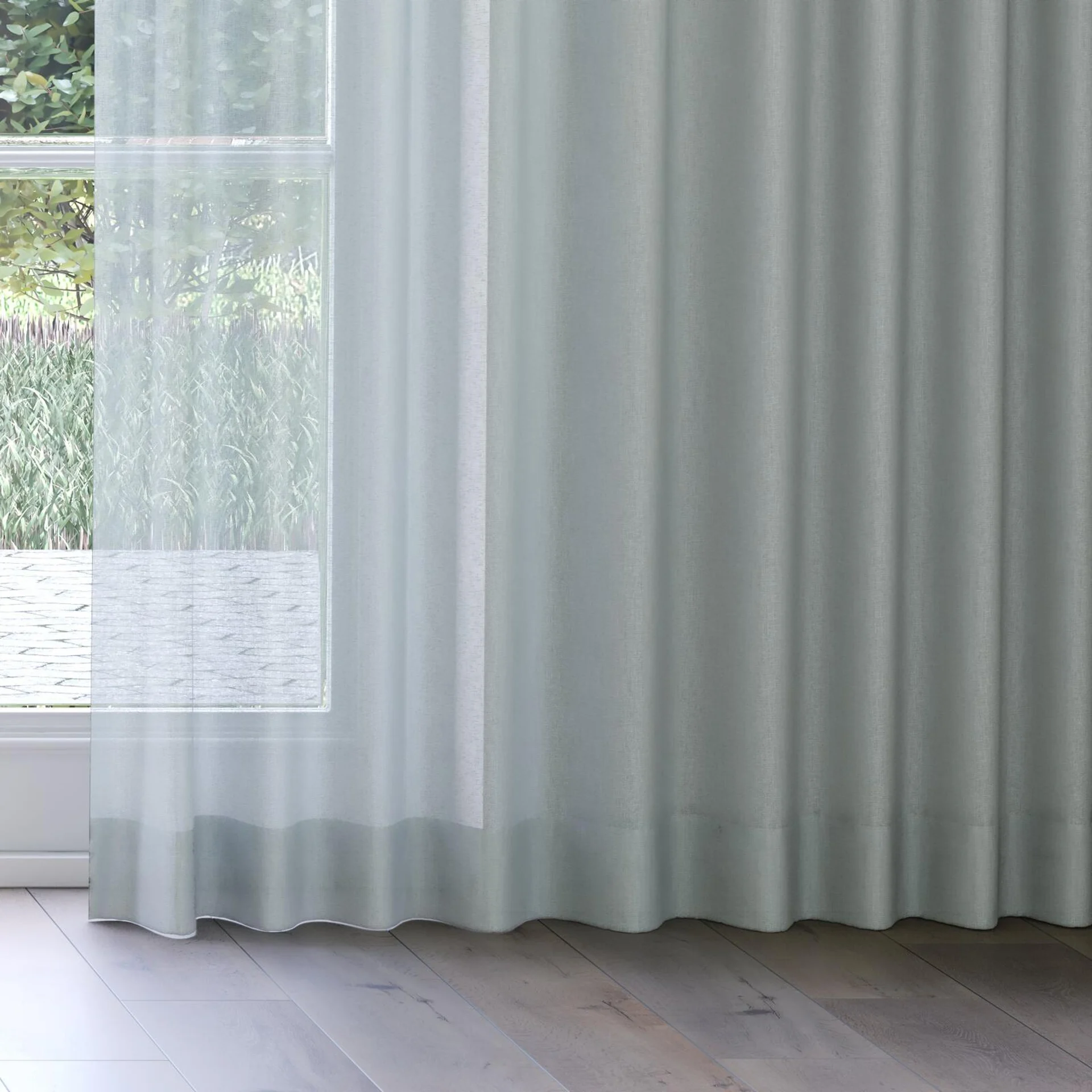 Bottom view of Elevate Sage, on curtain rail