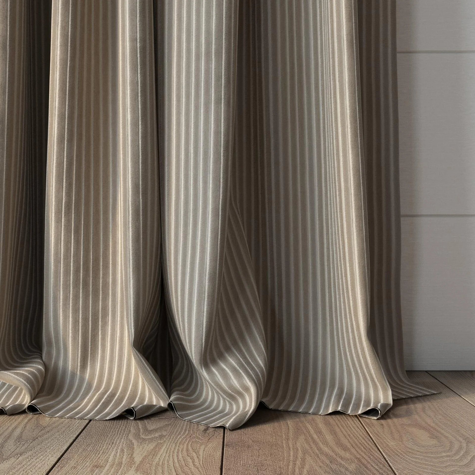 Bottom view of Embrace Taupe, puddled, on curtain rod