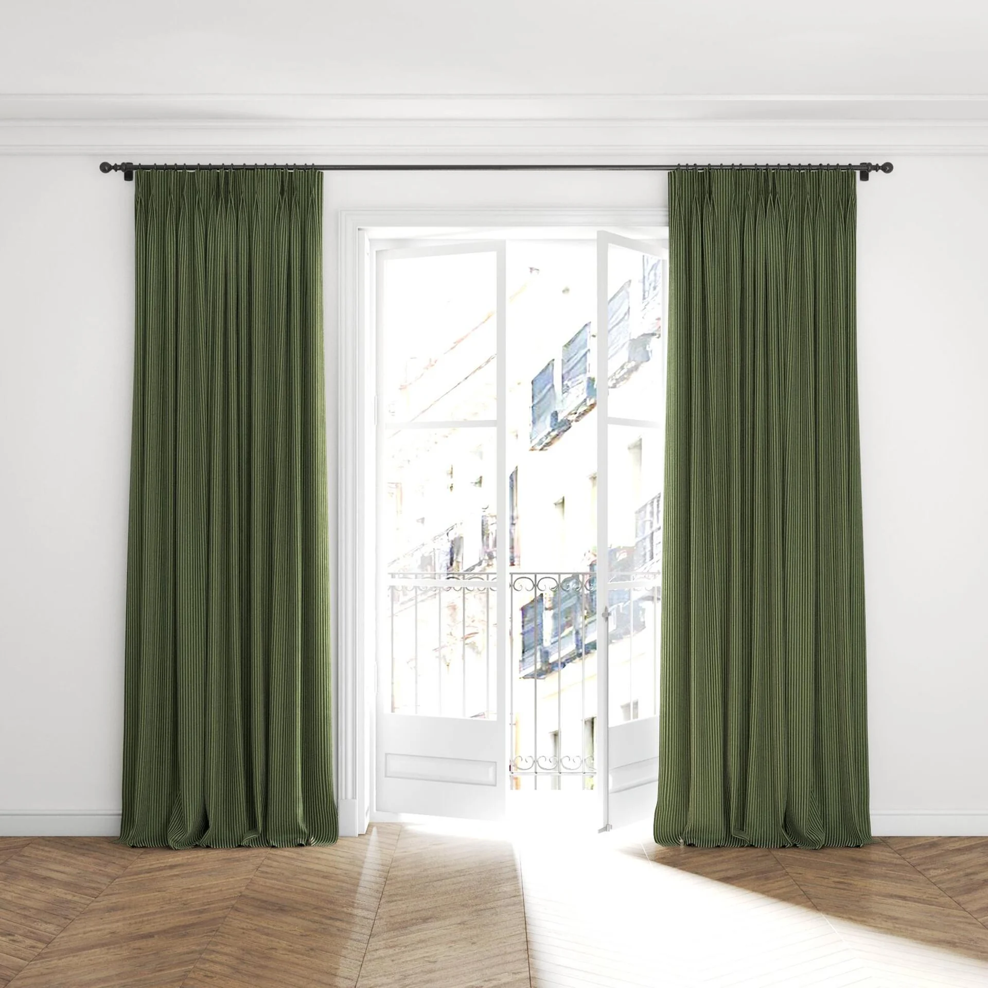 Full view of Embrace Wasabi, puddled with pinch pleat, on curtain rod