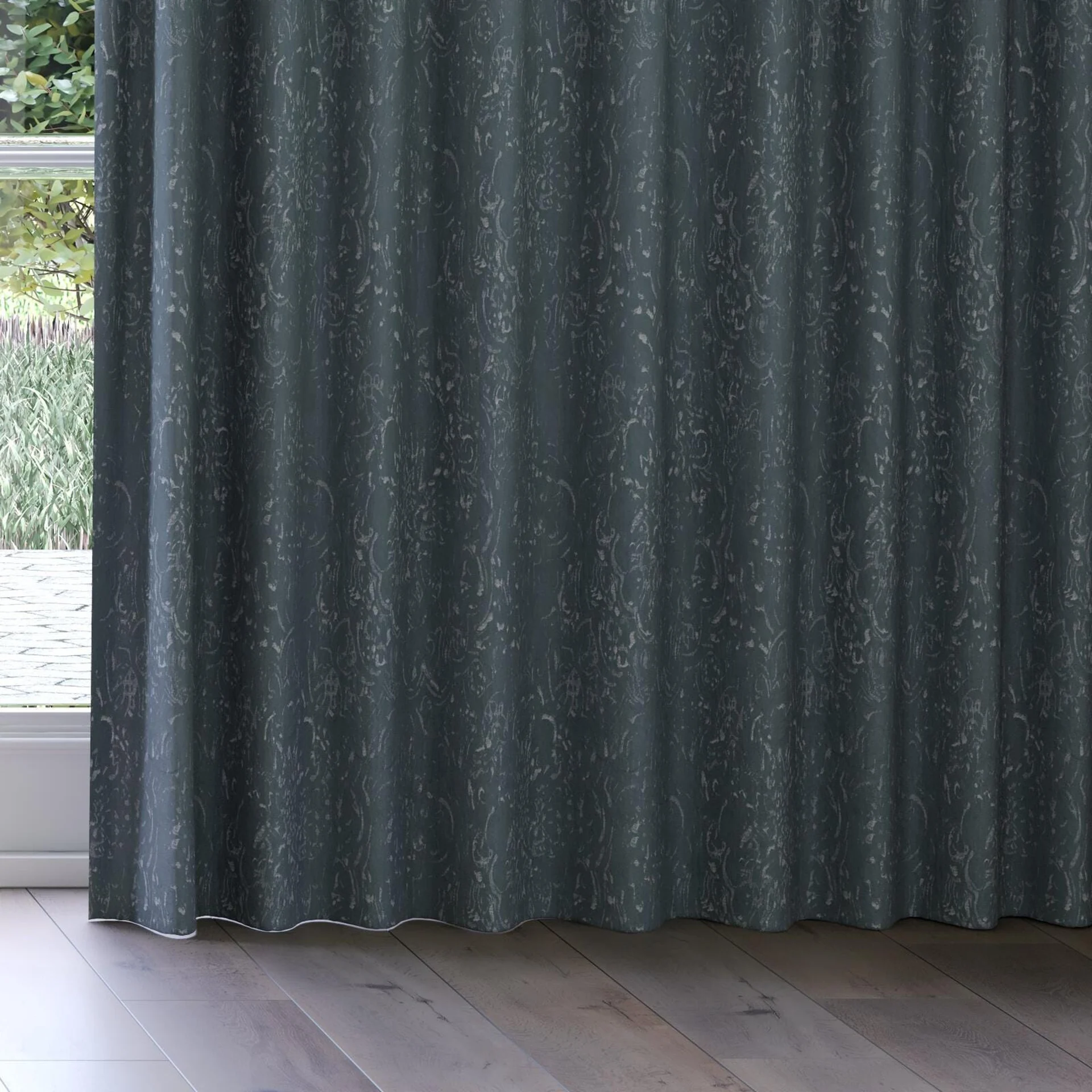 Bottom view of Azulejo Petrol, on curtain rail
