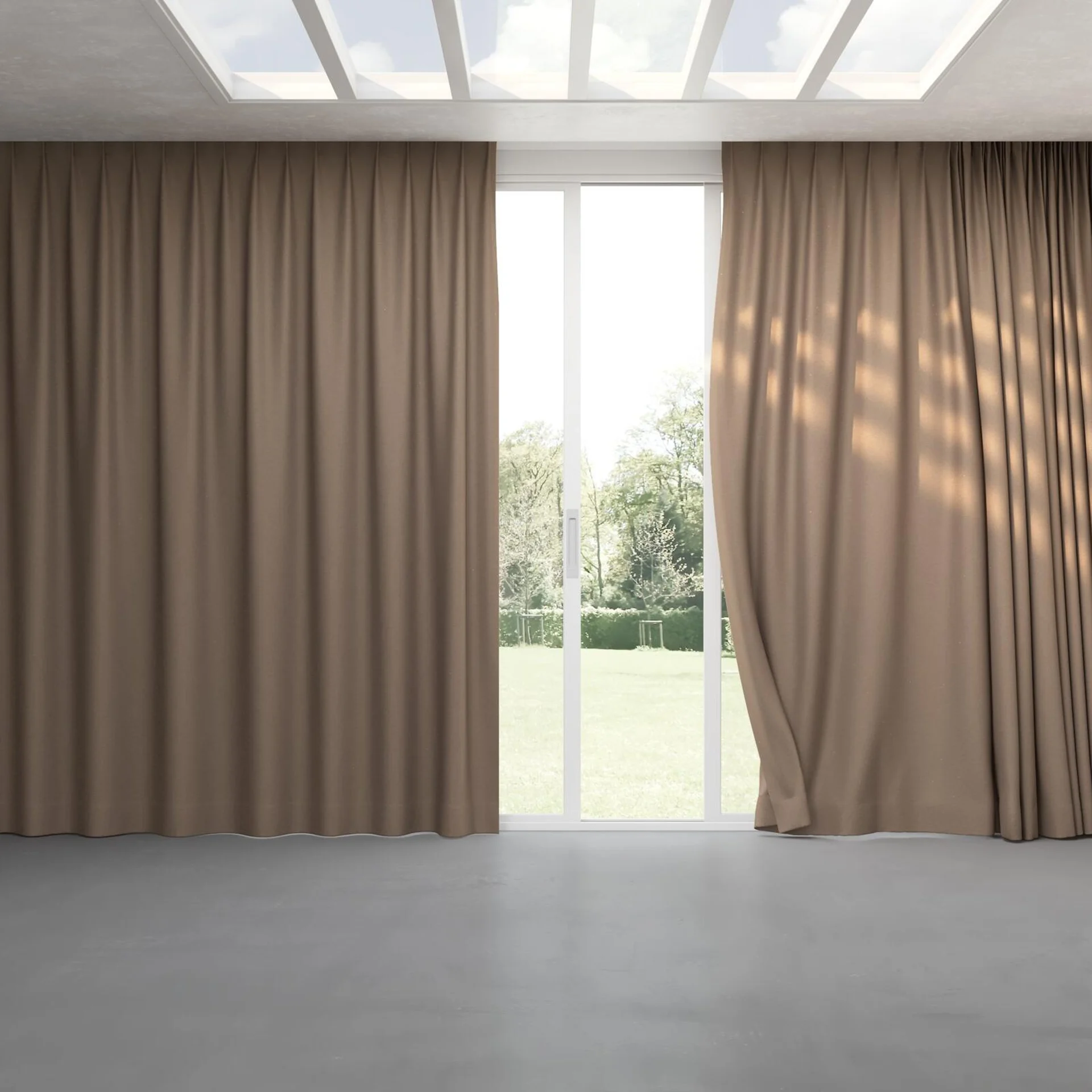 Full view of Duede Almond, pinch pleat