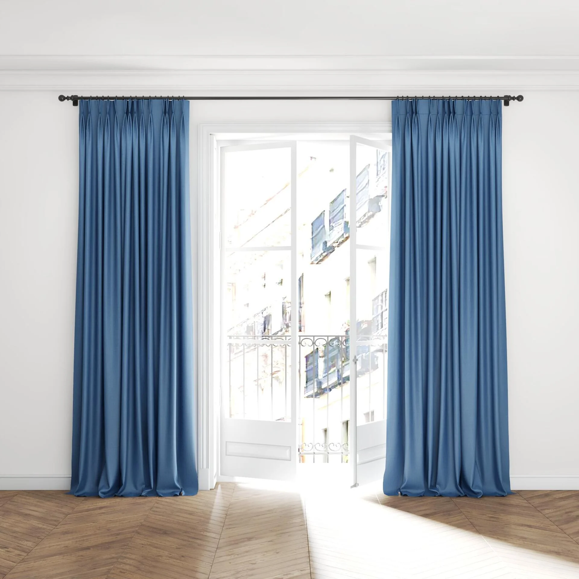 Full view of Celestial River, puddled with pinch pleat, on curtain rod