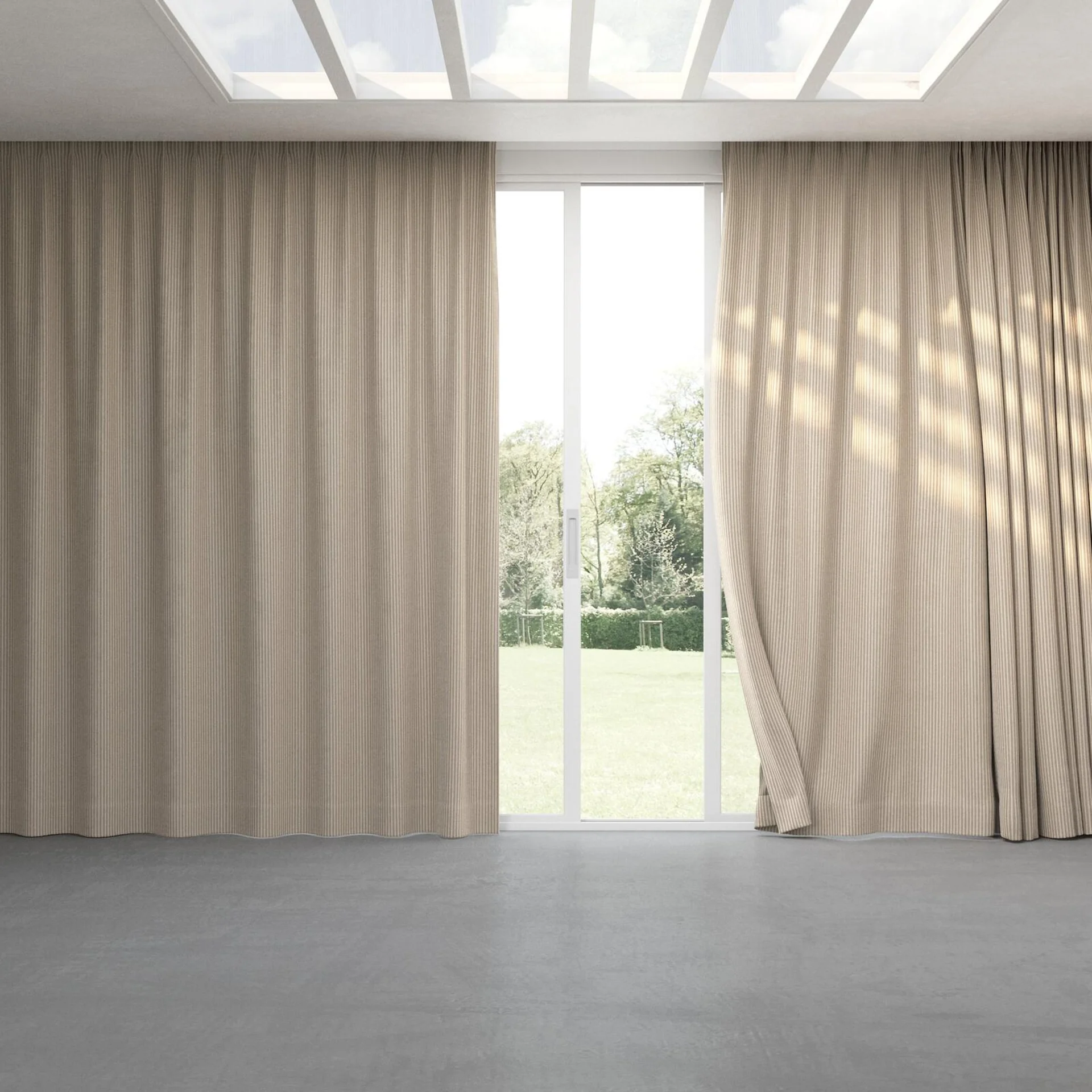 Full view of Embrace Taupe, pinch pleat
