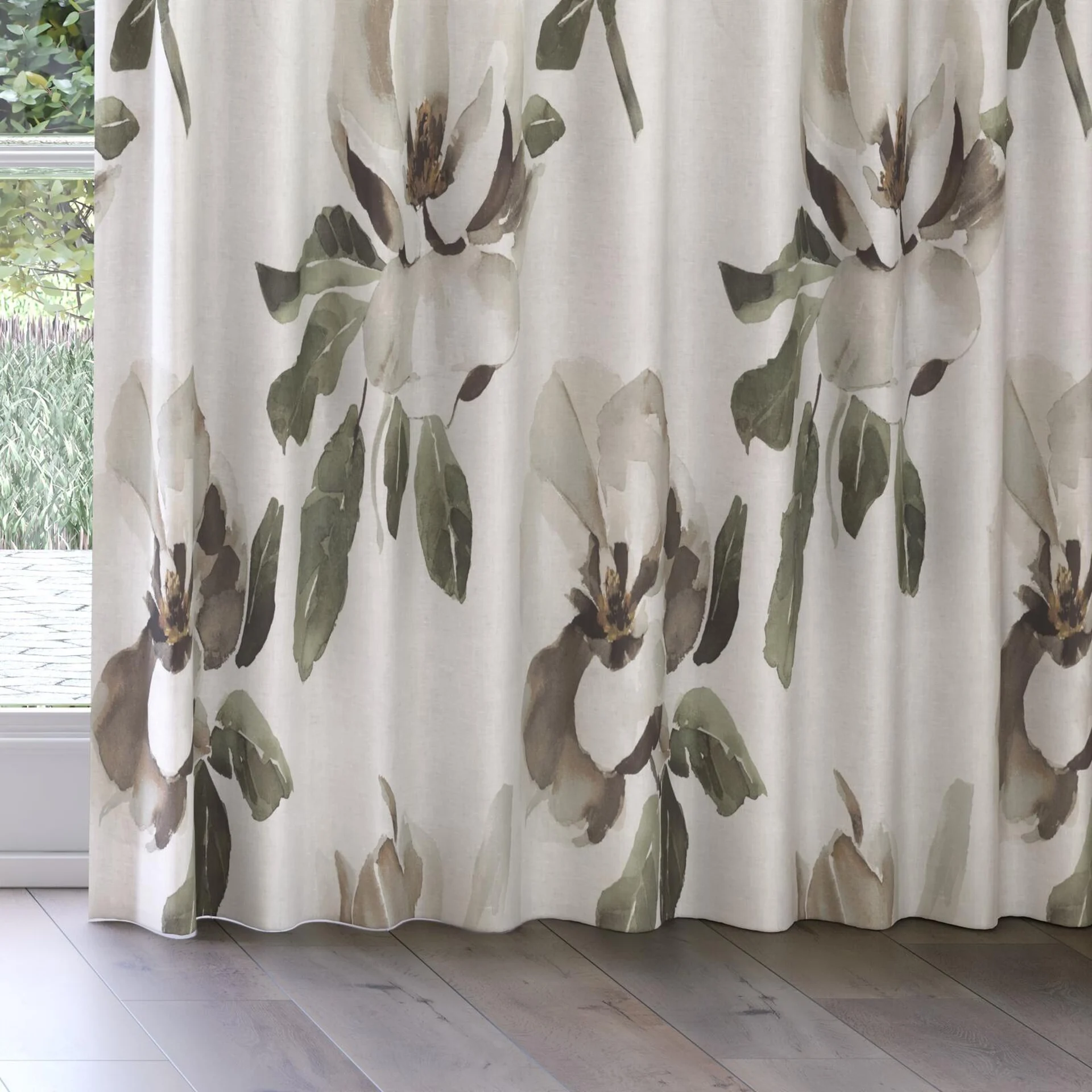 Bottom view of Magnolia Grandiflora Clove, on curtain rail